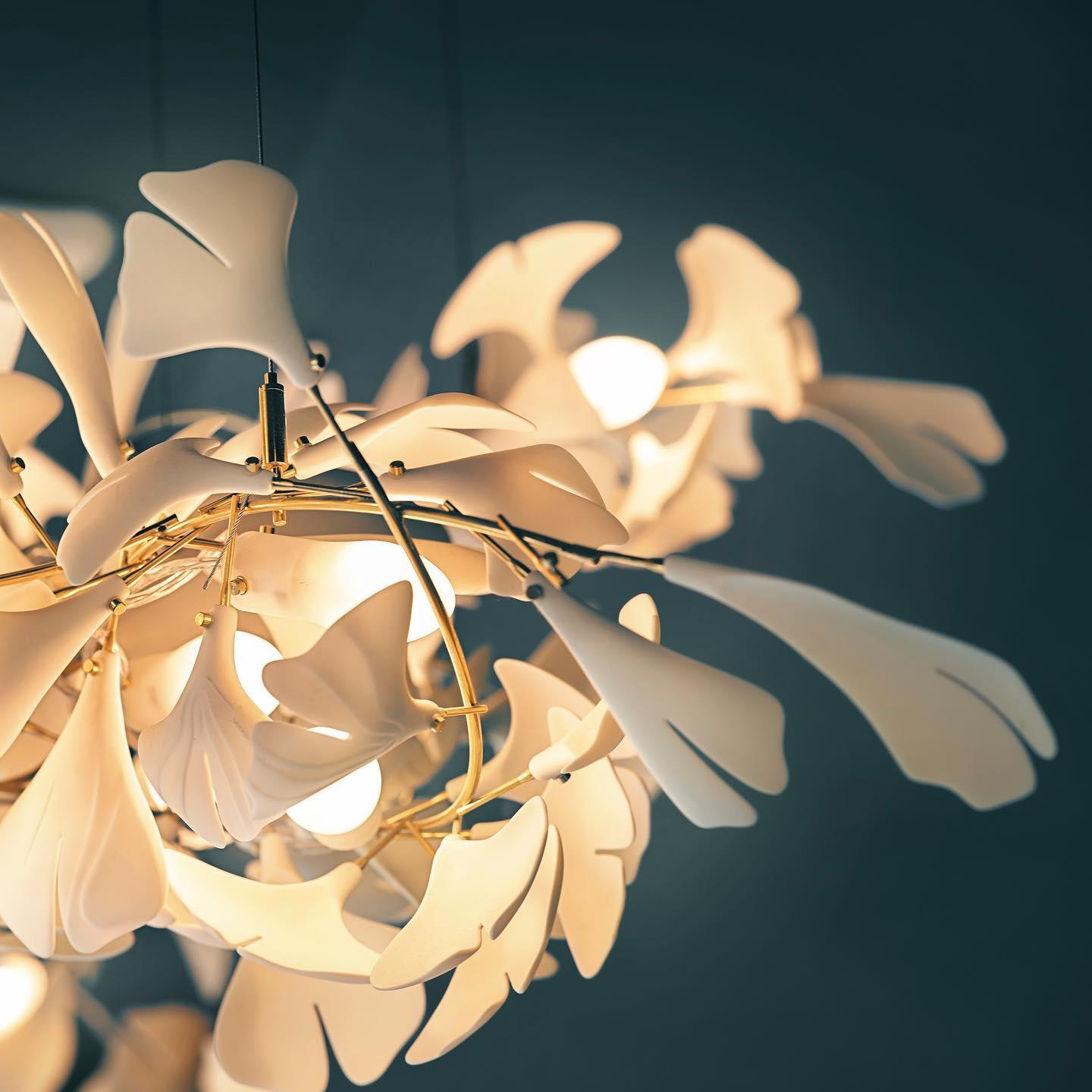 Chandelier Metal Frame Ceramic Gingko Leaf Shade White Gold Modern - Letslighting