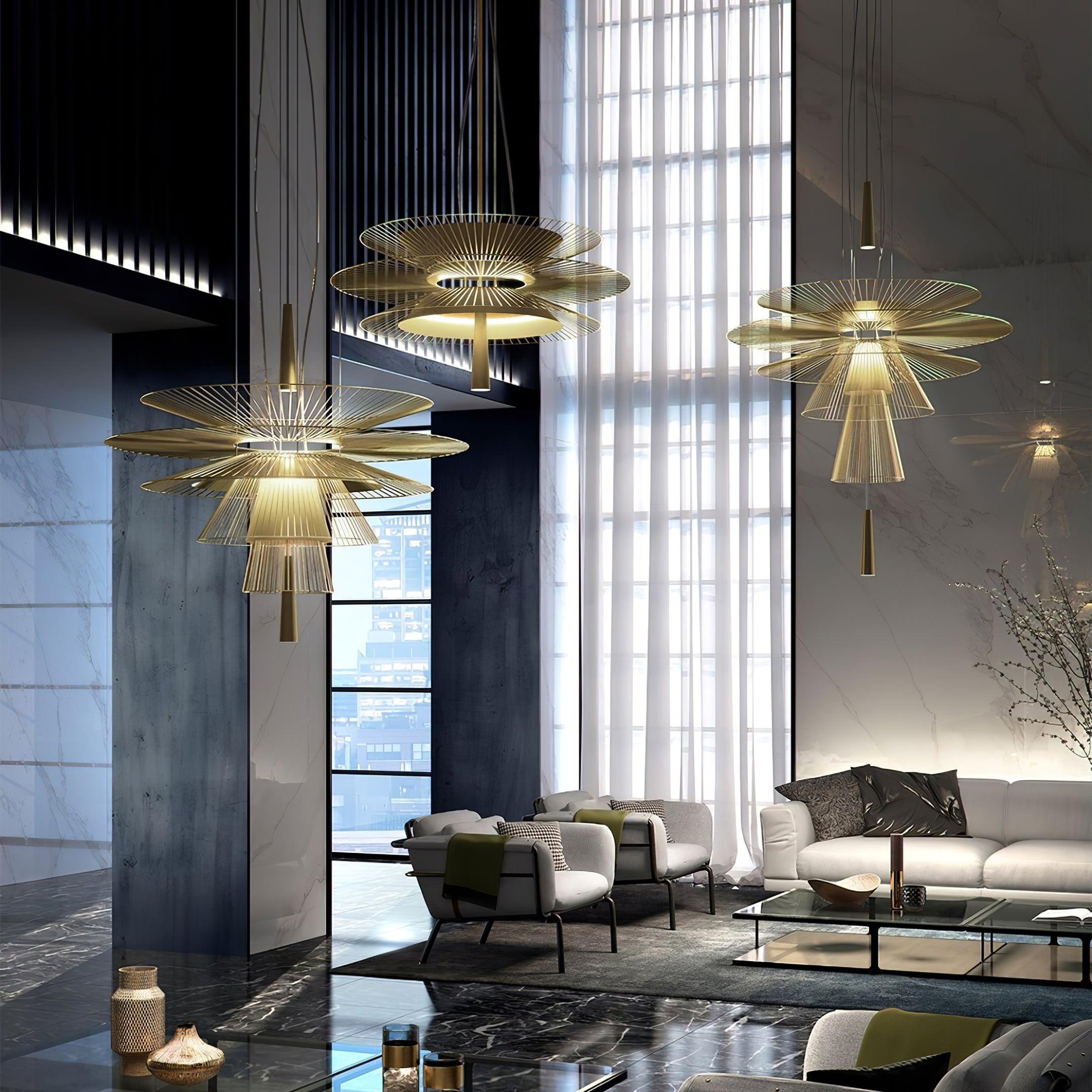 Chandelier Sculptural Layered Wire Frame Statement Bold Modern Centerpiece - Letslighting