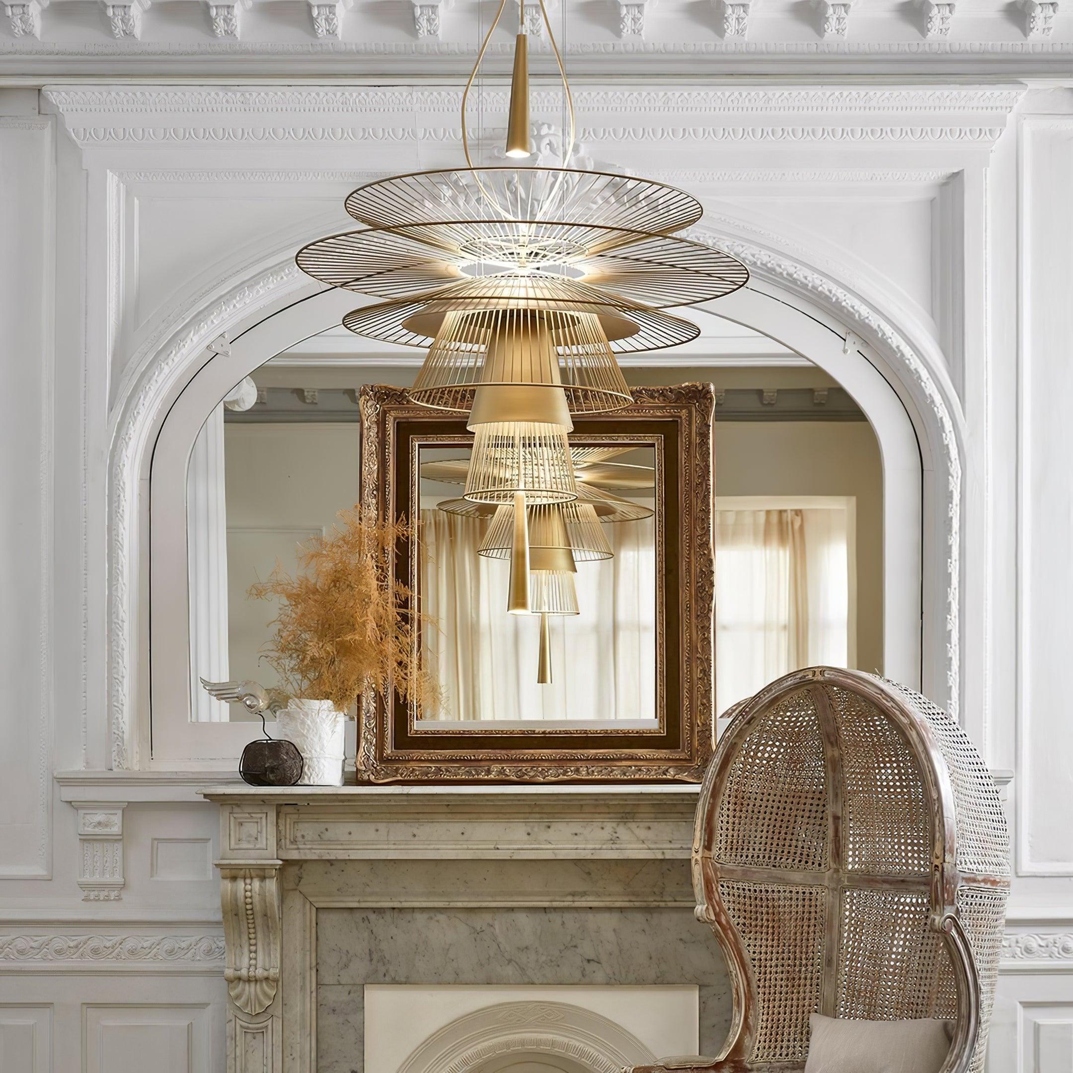 Chandelier Sculptural Layered Wire Frame Statement Bold Modern Centerpiece - Letslighting