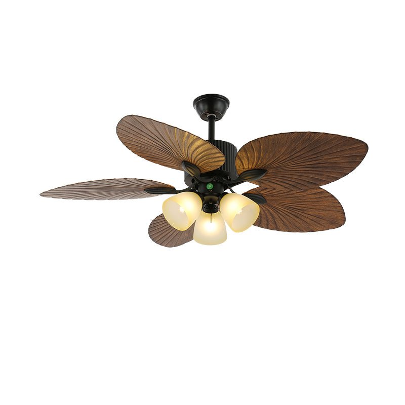 Ventilatore da soffitto Virel Tropicale in legno con luce, che mostra il paralume in vetro