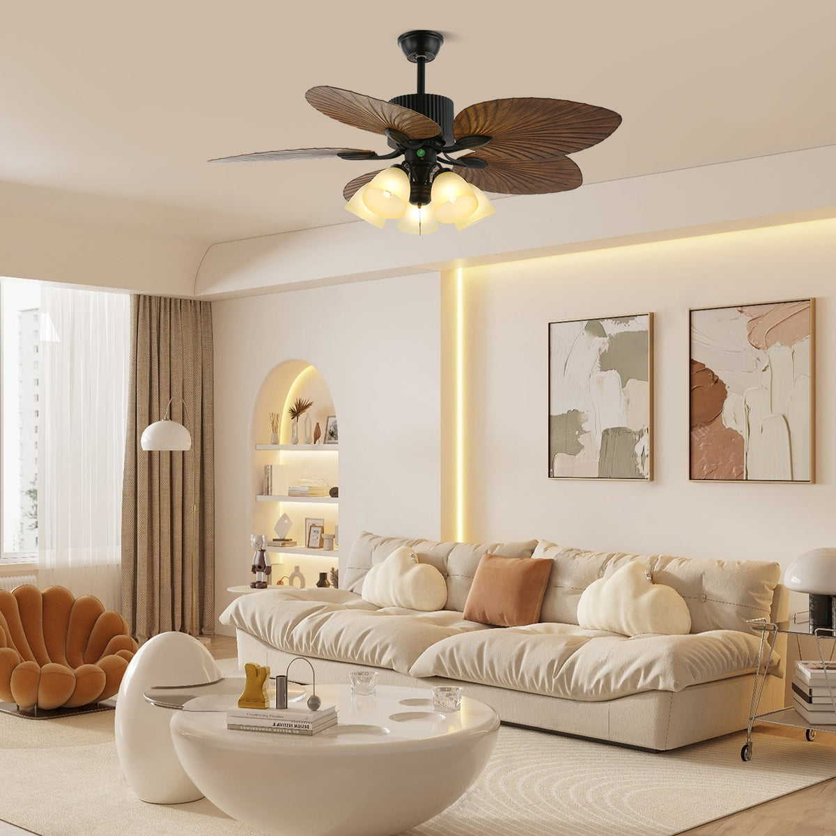 Dettaglio del paralume in vetro e dell'area della sorgente luminosa del ventilatore