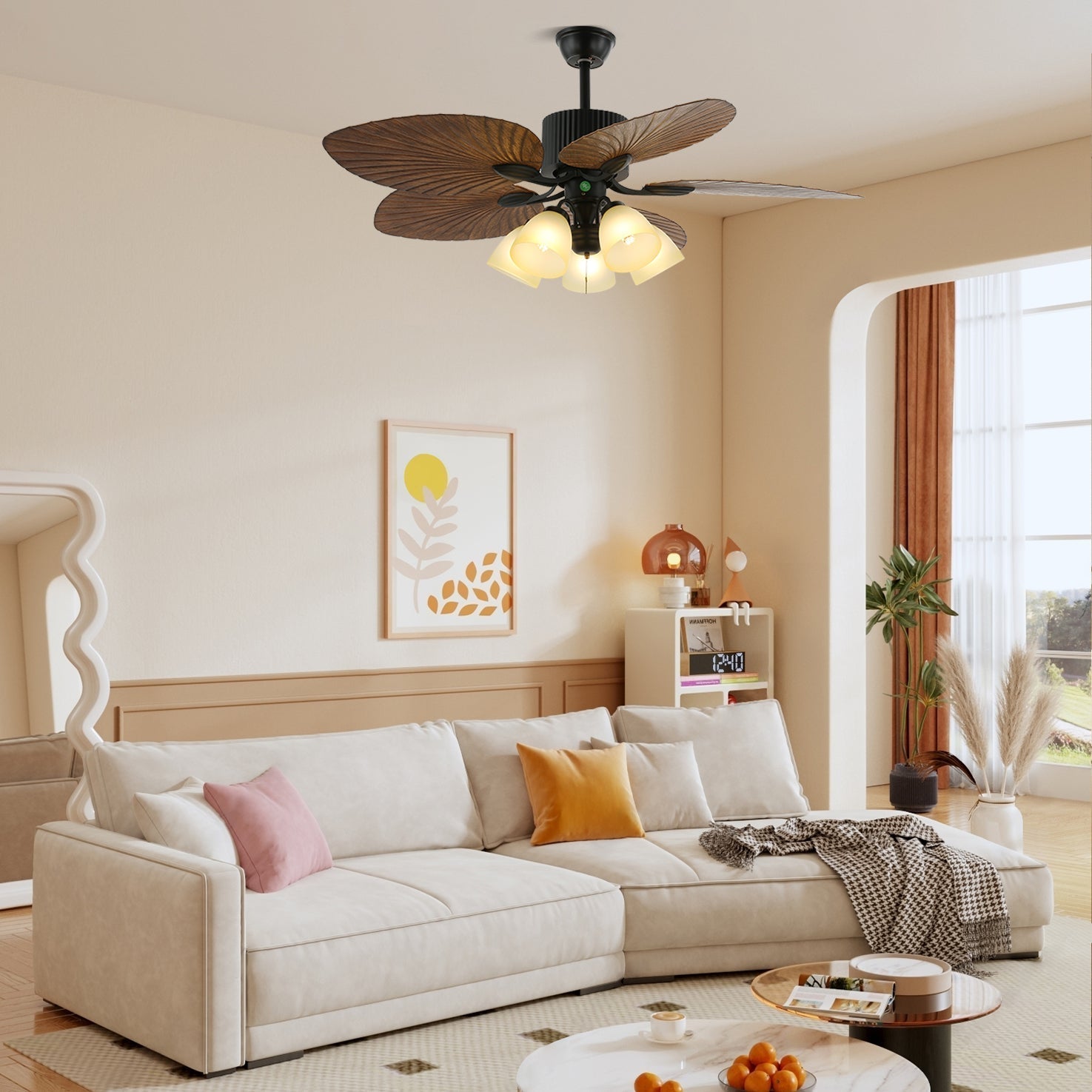 Ventilatore da soffitto Virel Tropicale in legno con luce, Modello C, diametro 52 pollici