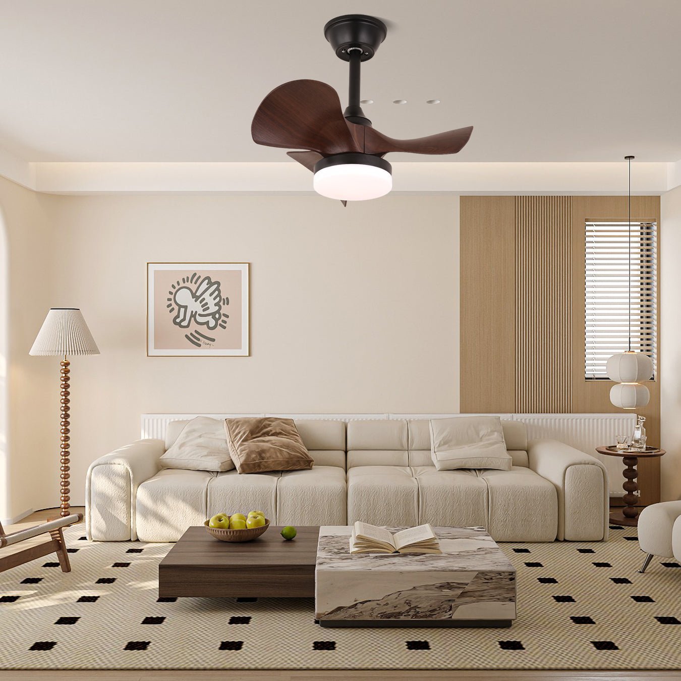 Primo piano del ventilatore da soffitto Neriah con pale in ABS e LED integrato