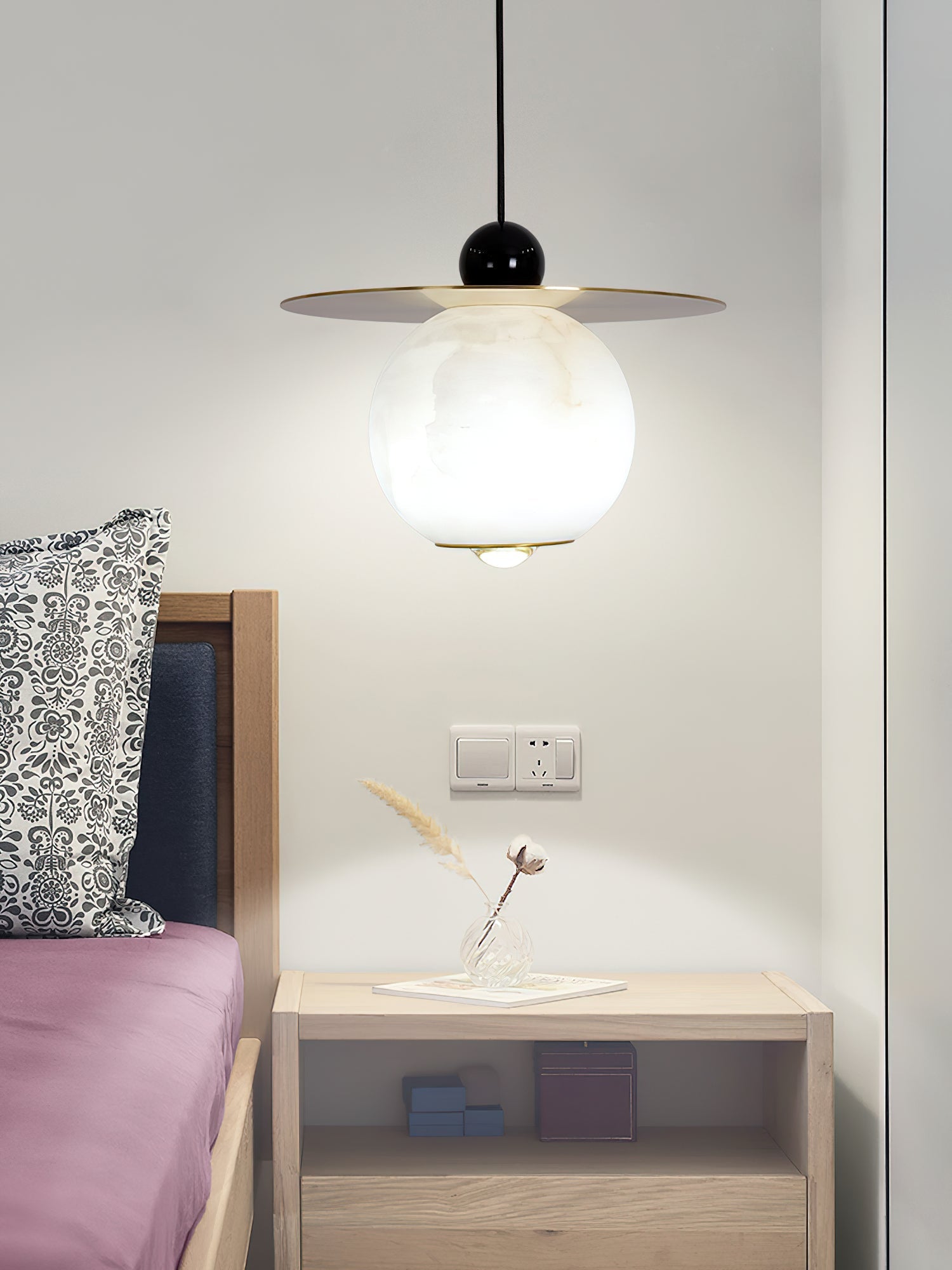 Alvarel Modern Minimalist Cord Brass Alabaster Pendant Light - Lamp Copper