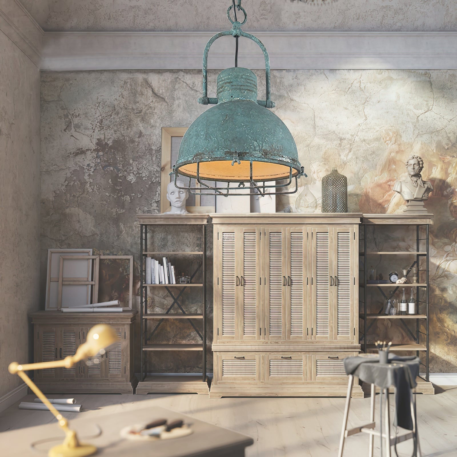 Hopedale Vintage Industrial Antique Green Metal Pendant Light - Lamp Copper