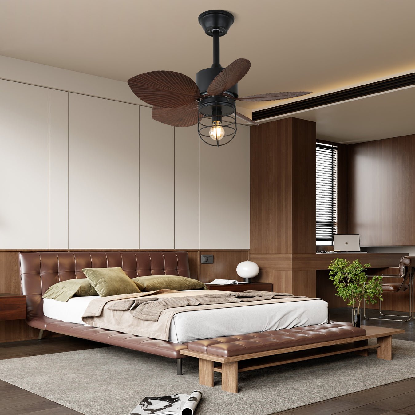 Primo piano del ventilatore da soffitto industriale Lunair che mostra la struttura in metallo e il paralume in acrilico