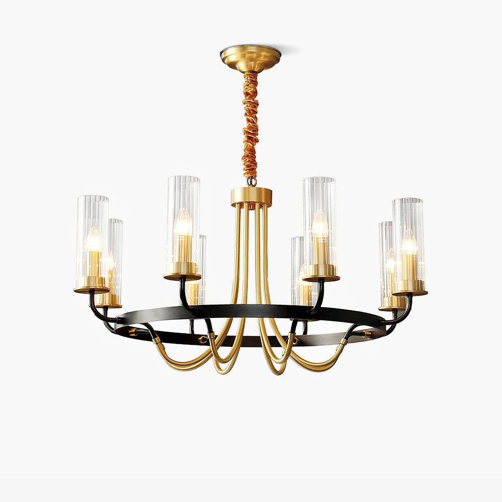 Chandelier Black Round Frame Brass Arms Ribbed Glass - Blowlighting