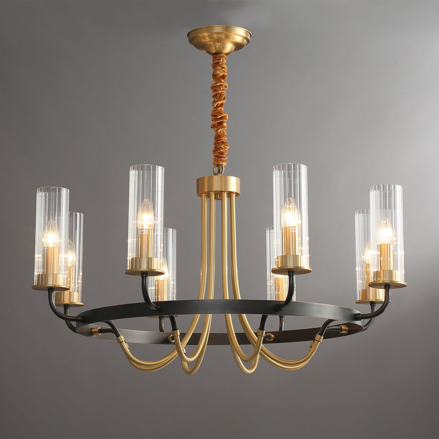 Chandelier Black Round Frame Brass Arms Ribbed Glass - Blowlighting