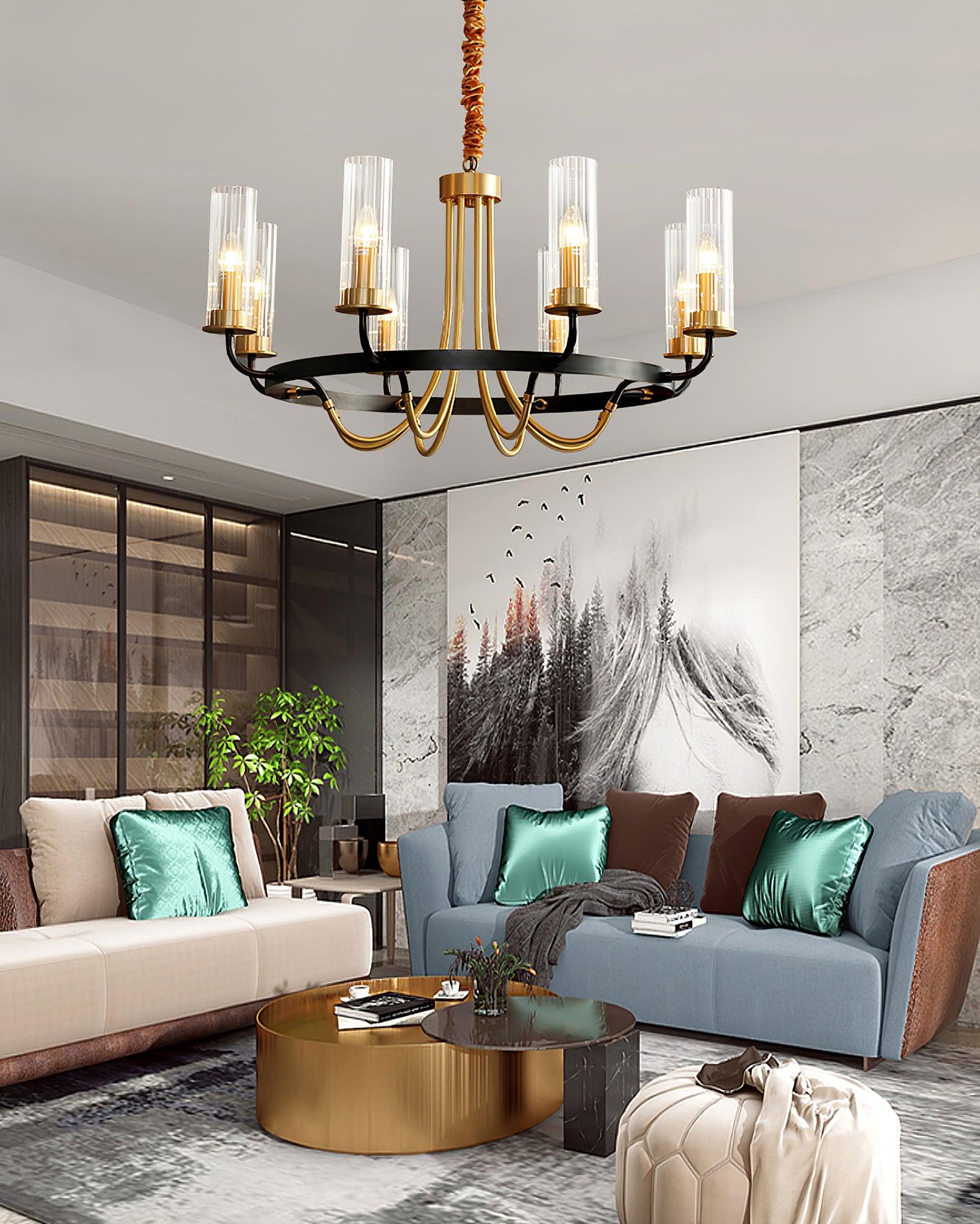 Chandelier Black Round Frame Brass Arms Ribbed Glass - Blowlighting