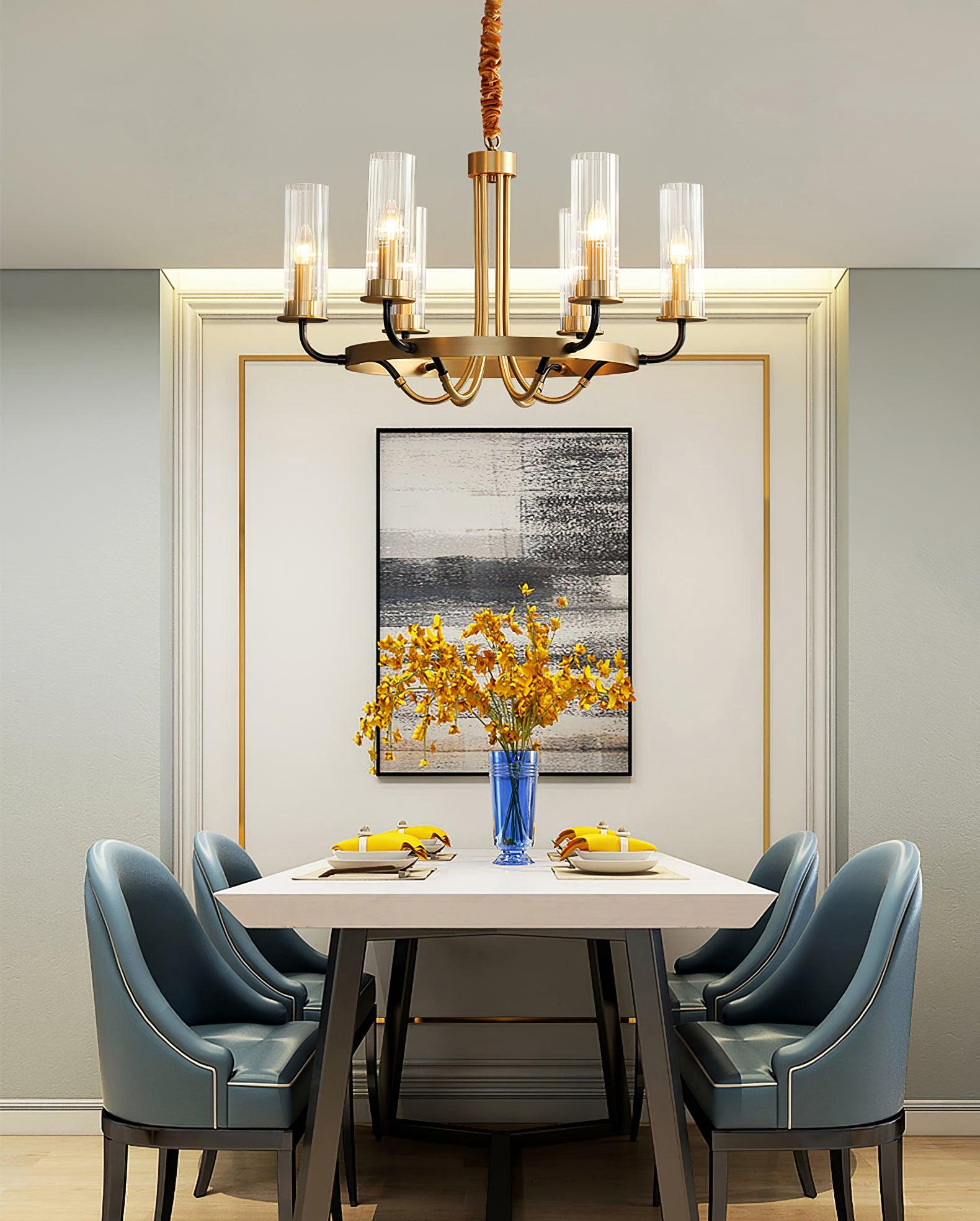 Chandelier Black Round Frame Brass Arms Ribbed Glass - Blowlighting