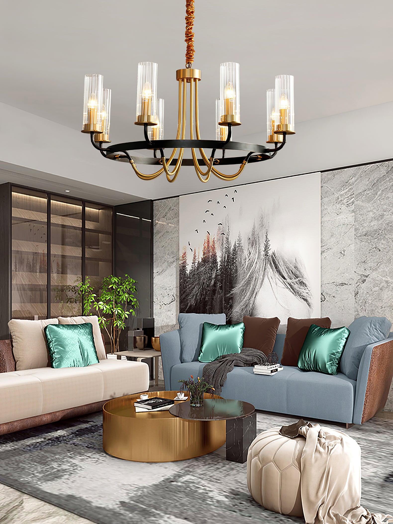 Chandelier Black Round Frame Brass Arms Ribbed Glass - Blowlighting