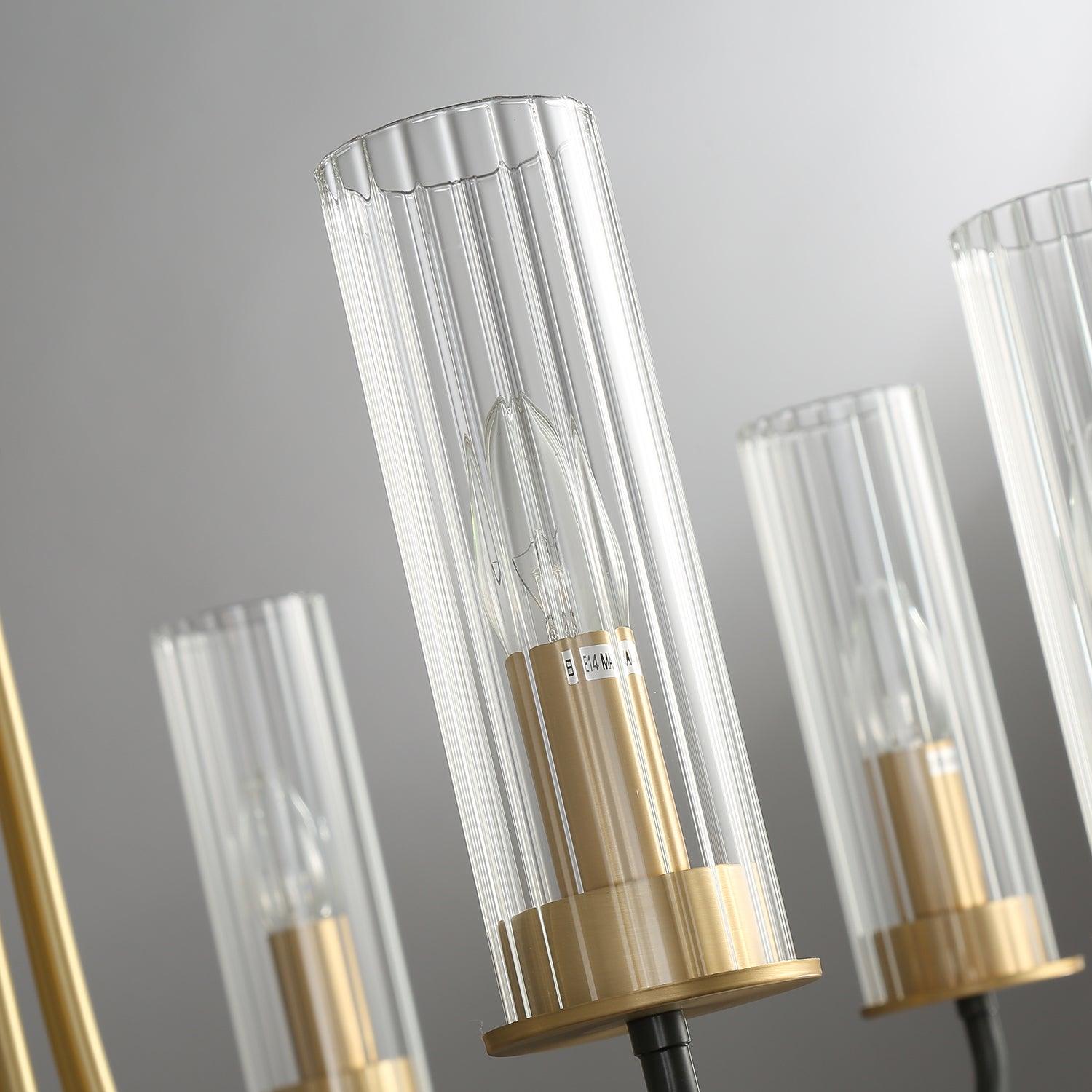 Chandelier Black Round Frame Brass Arms Ribbed Glass - Blowlighting