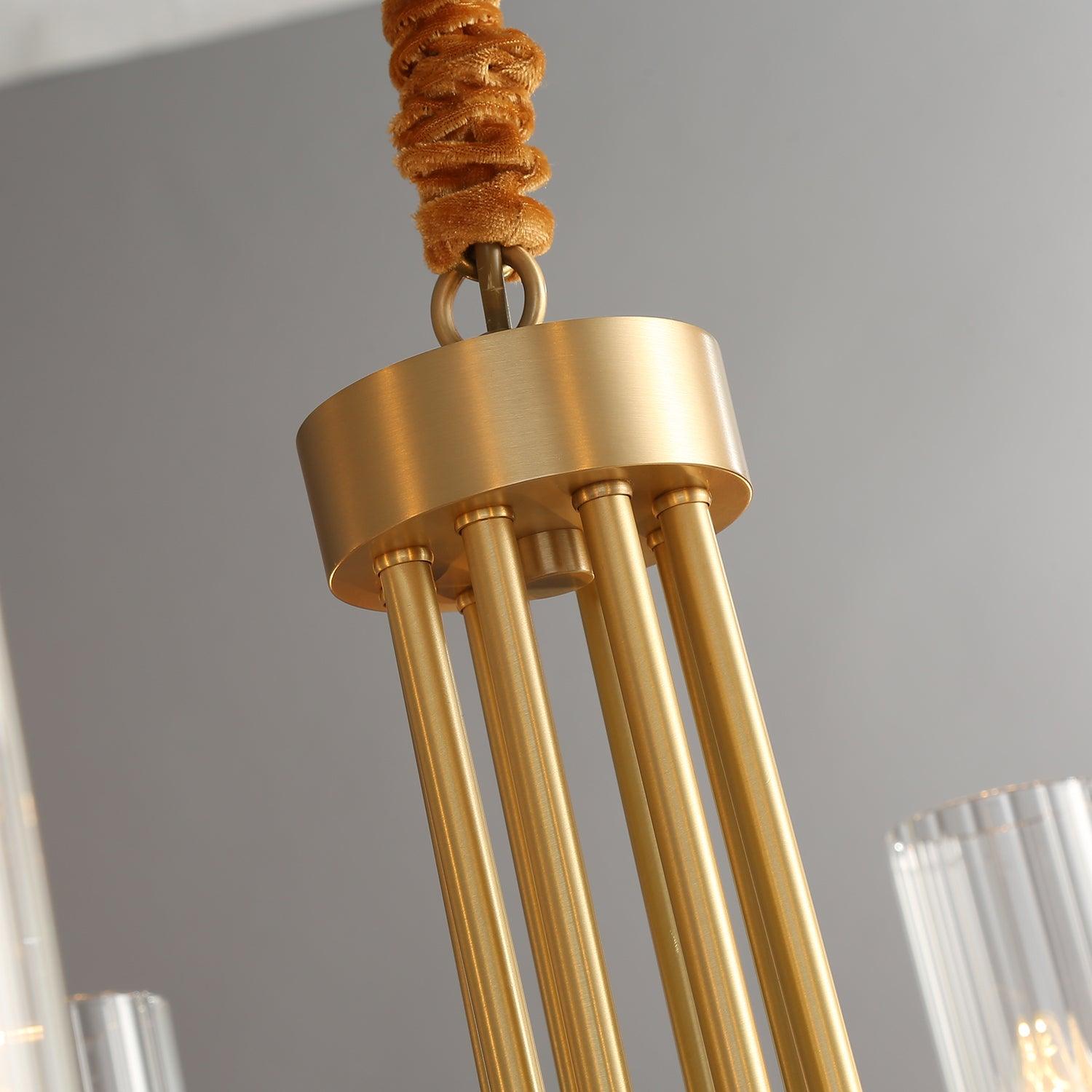 Chandelier Black Round Frame Brass Arms Ribbed Glass - Blowlighting