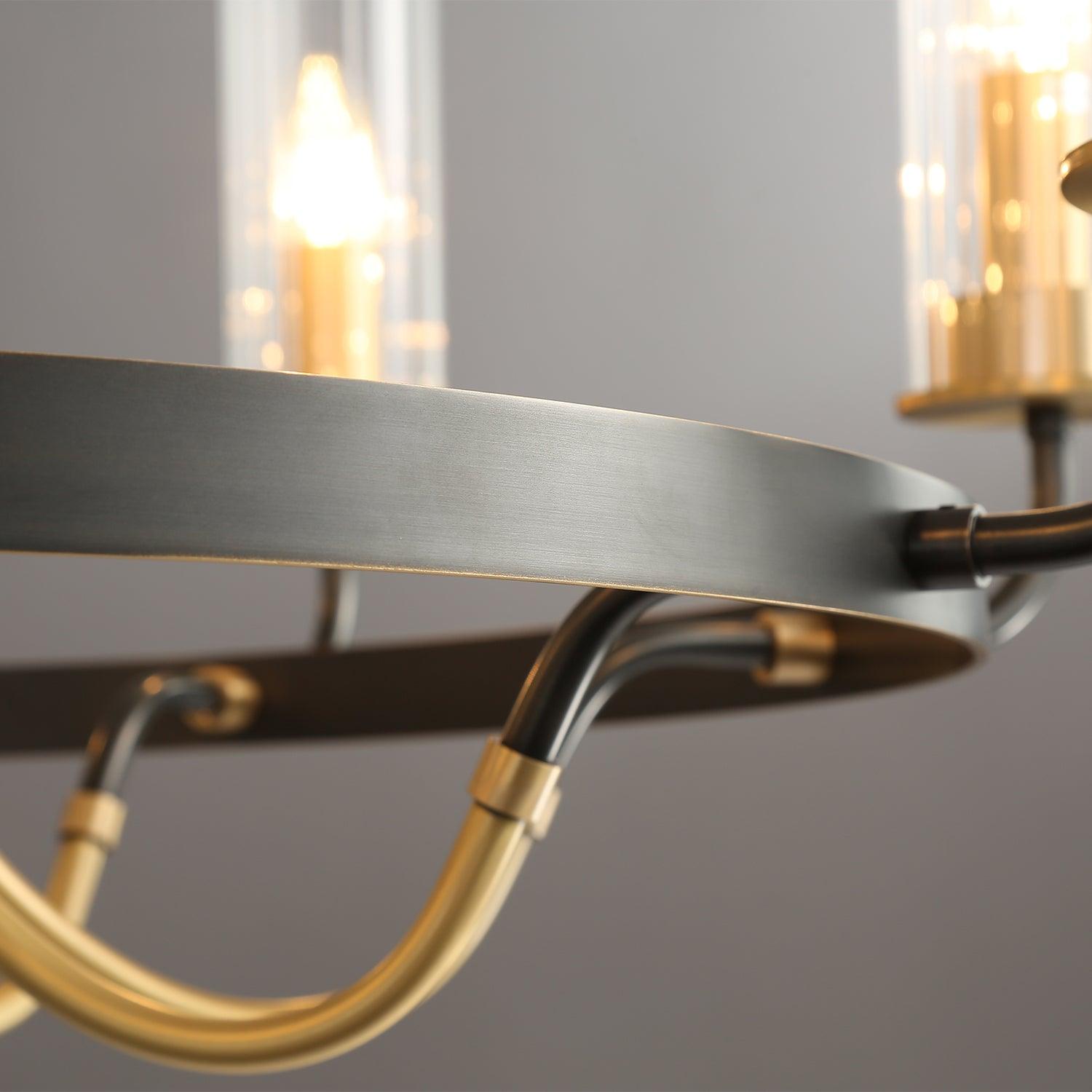 Chandelier Black Round Frame Brass Arms Ribbed Glass - Blowlighting