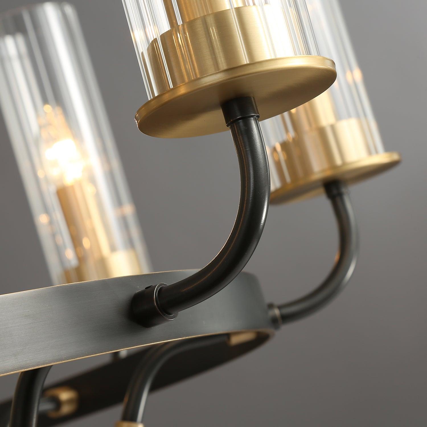 Chandelier Black Round Frame Brass Arms Ribbed Glass - Blowlighting