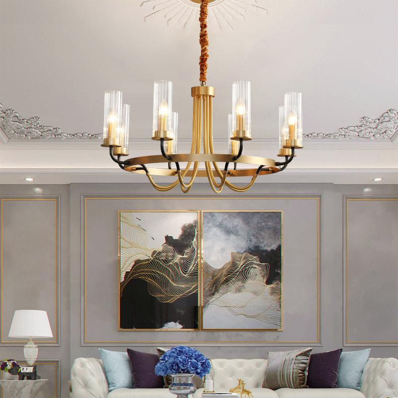 Chandelier Black Round Frame Brass Arms Ribbed Glass - Blowlighting
