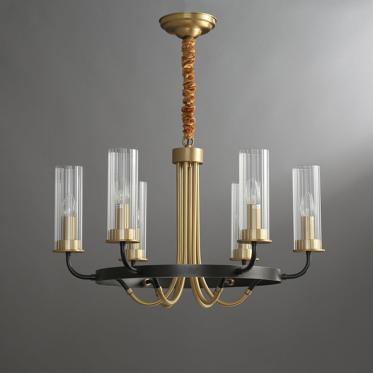 Chandelier Black Round Frame Brass Arms Ribbed Glass - Blowlighting