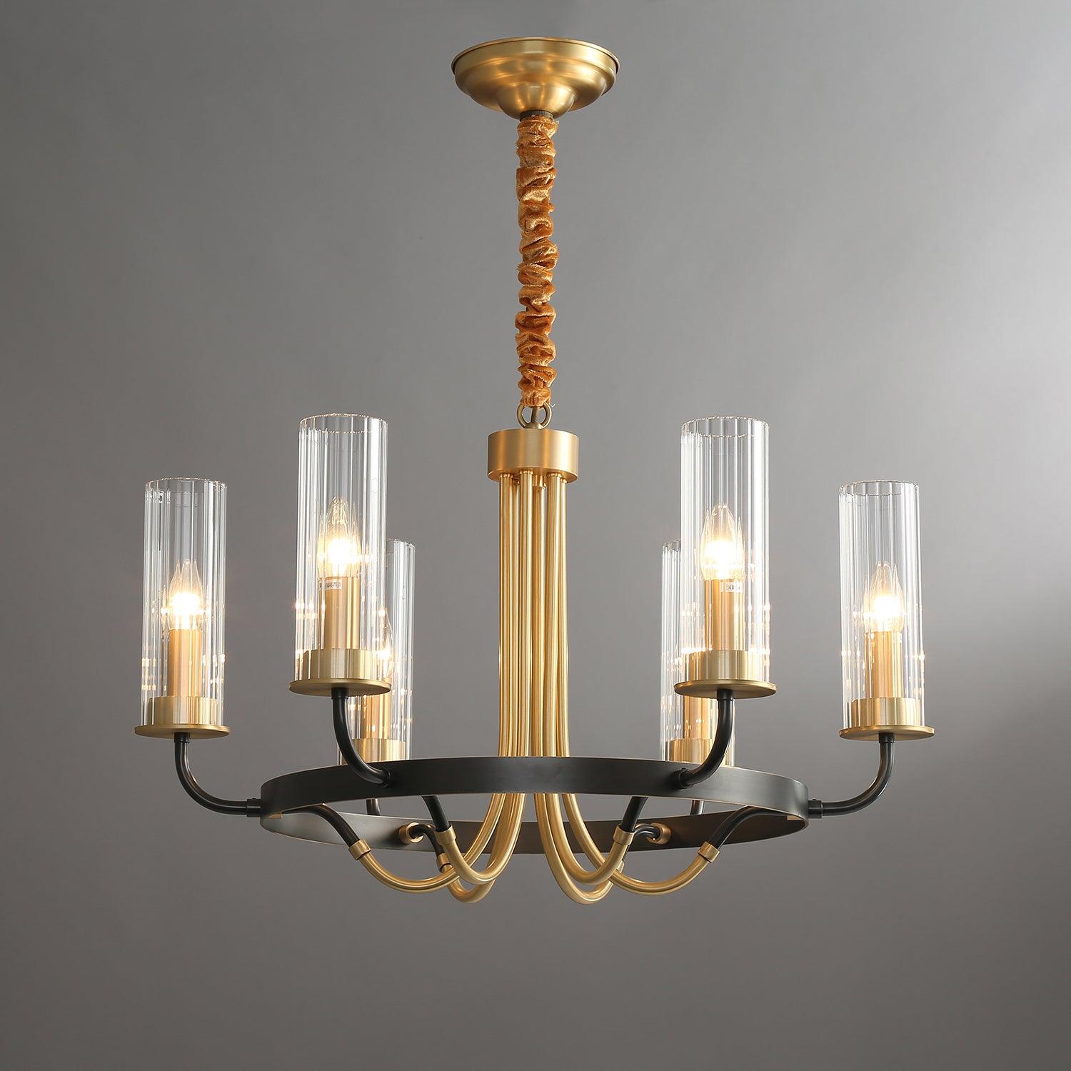 Chandelier Black Round Frame Brass Arms Ribbed Glass - Blowlighting