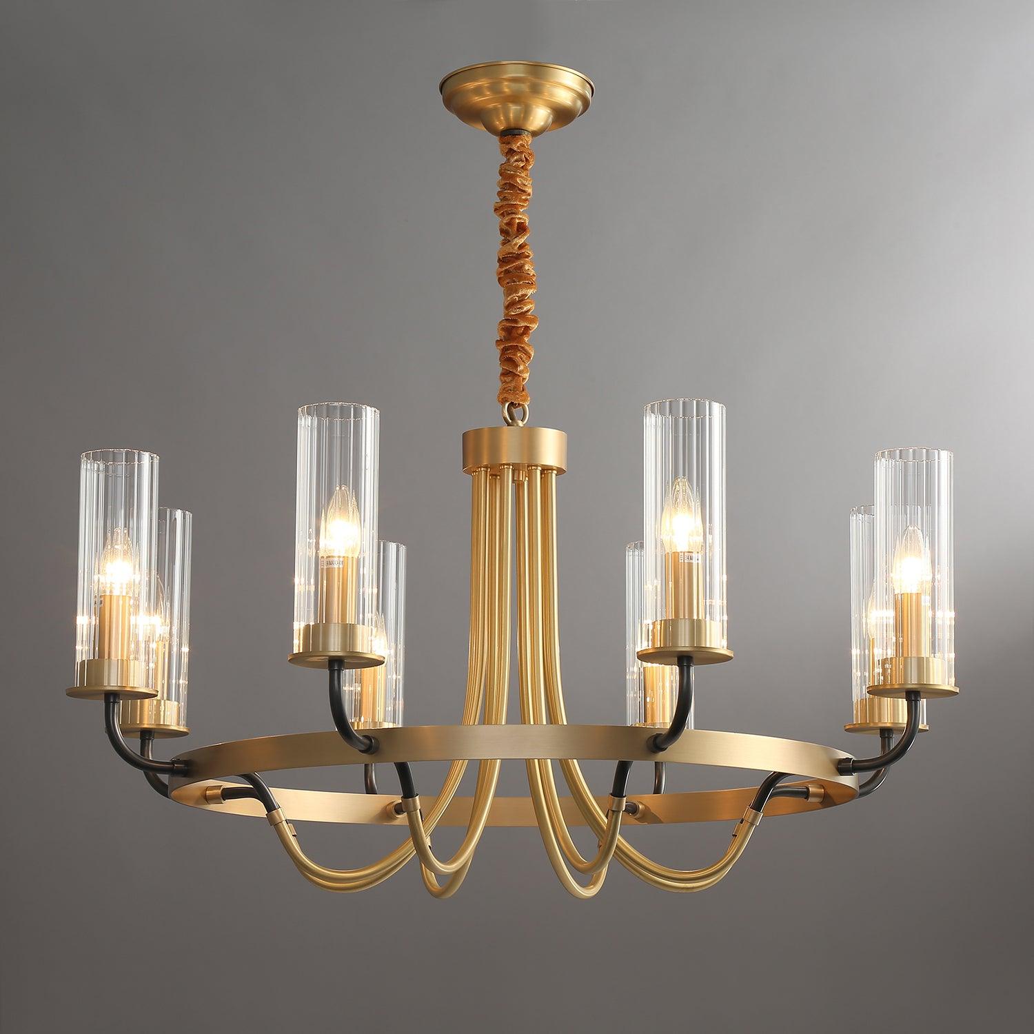 Chandelier Black Round Frame Brass Arms Ribbed Glass - Blowlighting