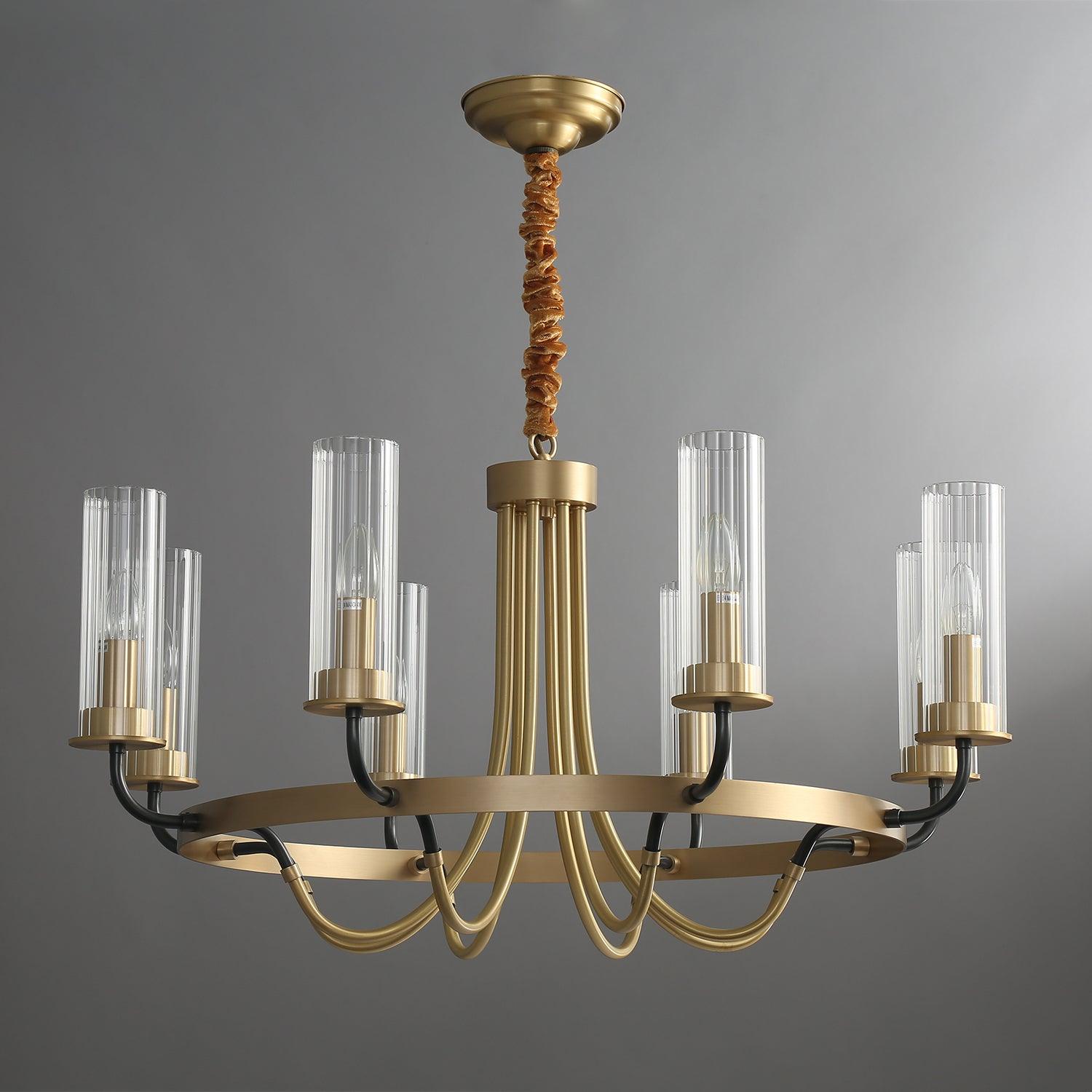 Chandelier Black Round Frame Brass Arms Ribbed Glass - Blowlighting