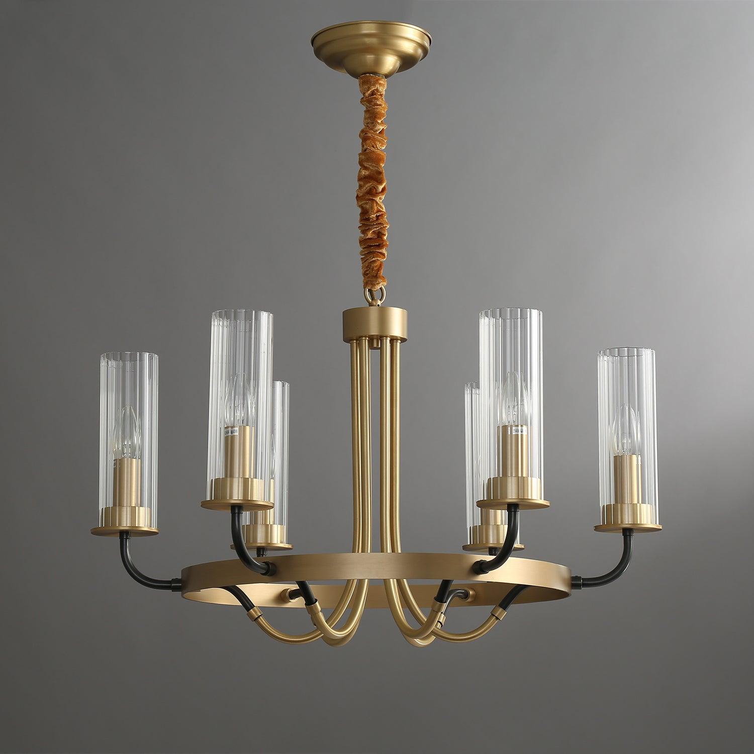 Chandelier Black Round Frame Brass Arms Ribbed Glass - Blowlighting