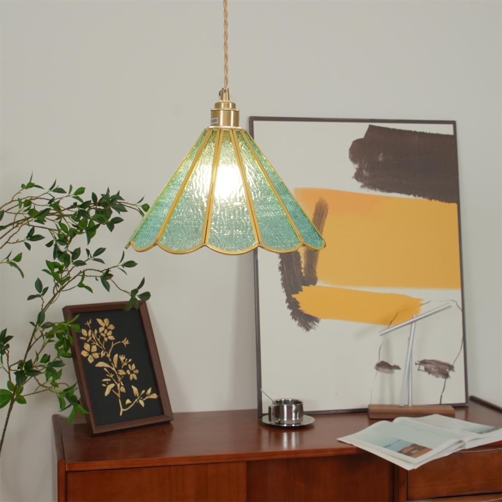 Pendant Lamp Textured Blue Glass Scalloped Brass - Letslighting