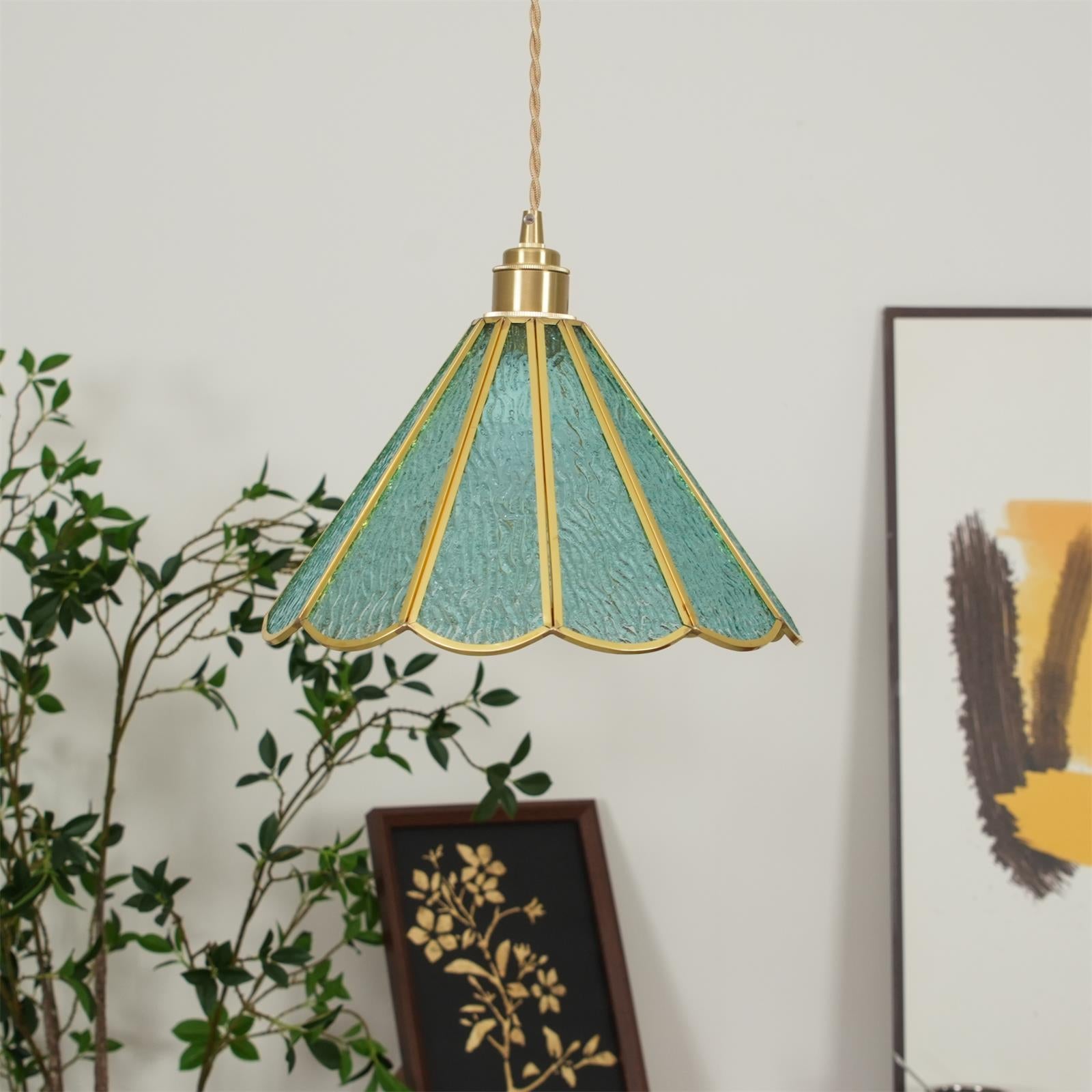 Pendant Lamp Textured Blue Glass Scalloped Brass - Letslighting