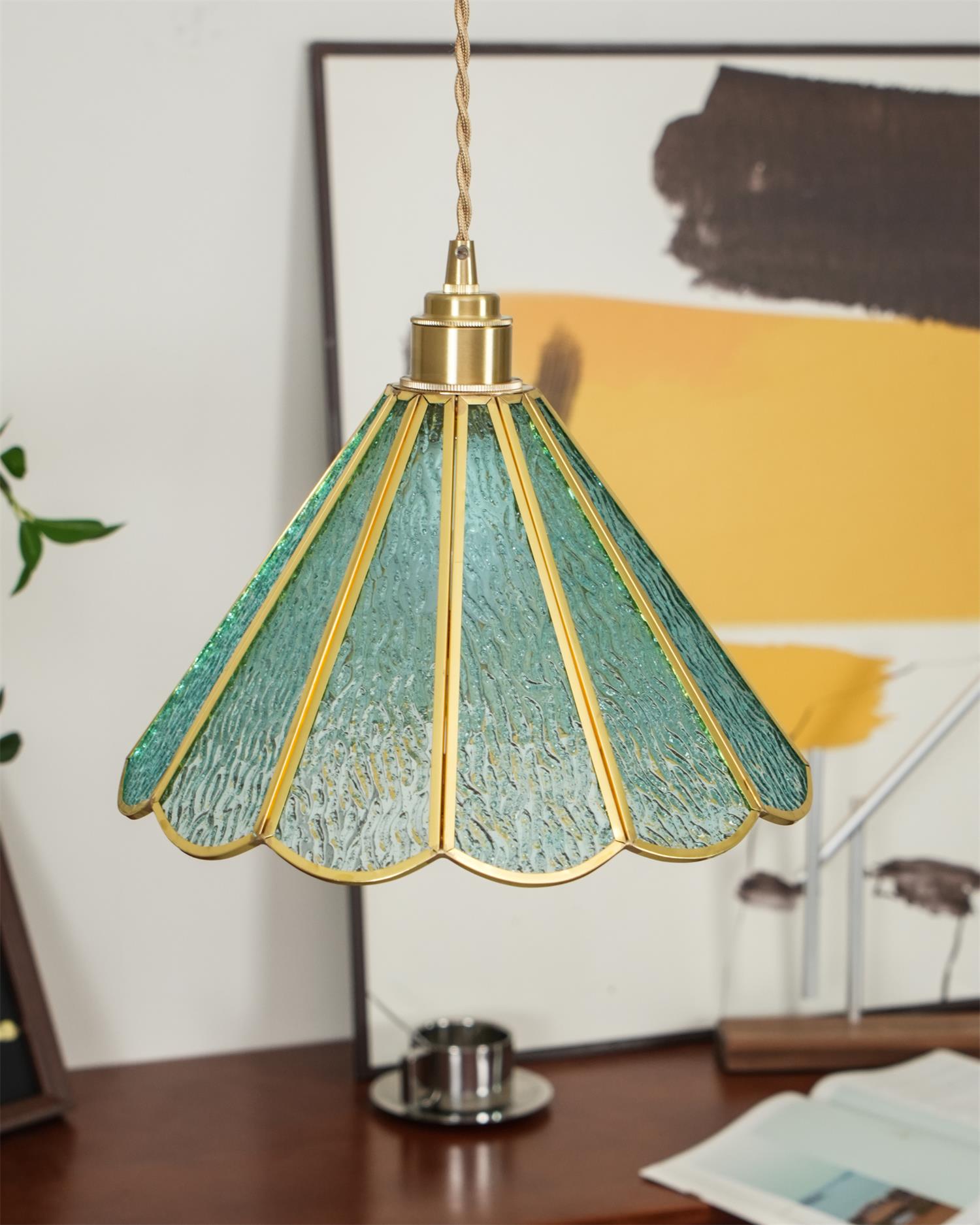 Pendant Lamp Textured Blue Glass Scalloped Brass - Letslighting