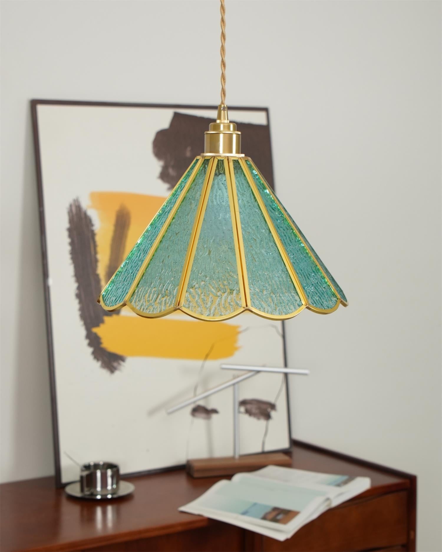 Pendant Lamp Textured Blue Glass Scalloped Brass - Letslighting