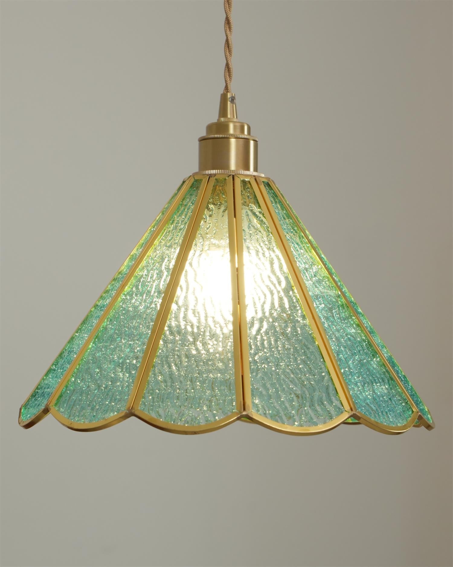 Pendant Lamp Textured Blue Glass Scalloped Brass - Letslighting