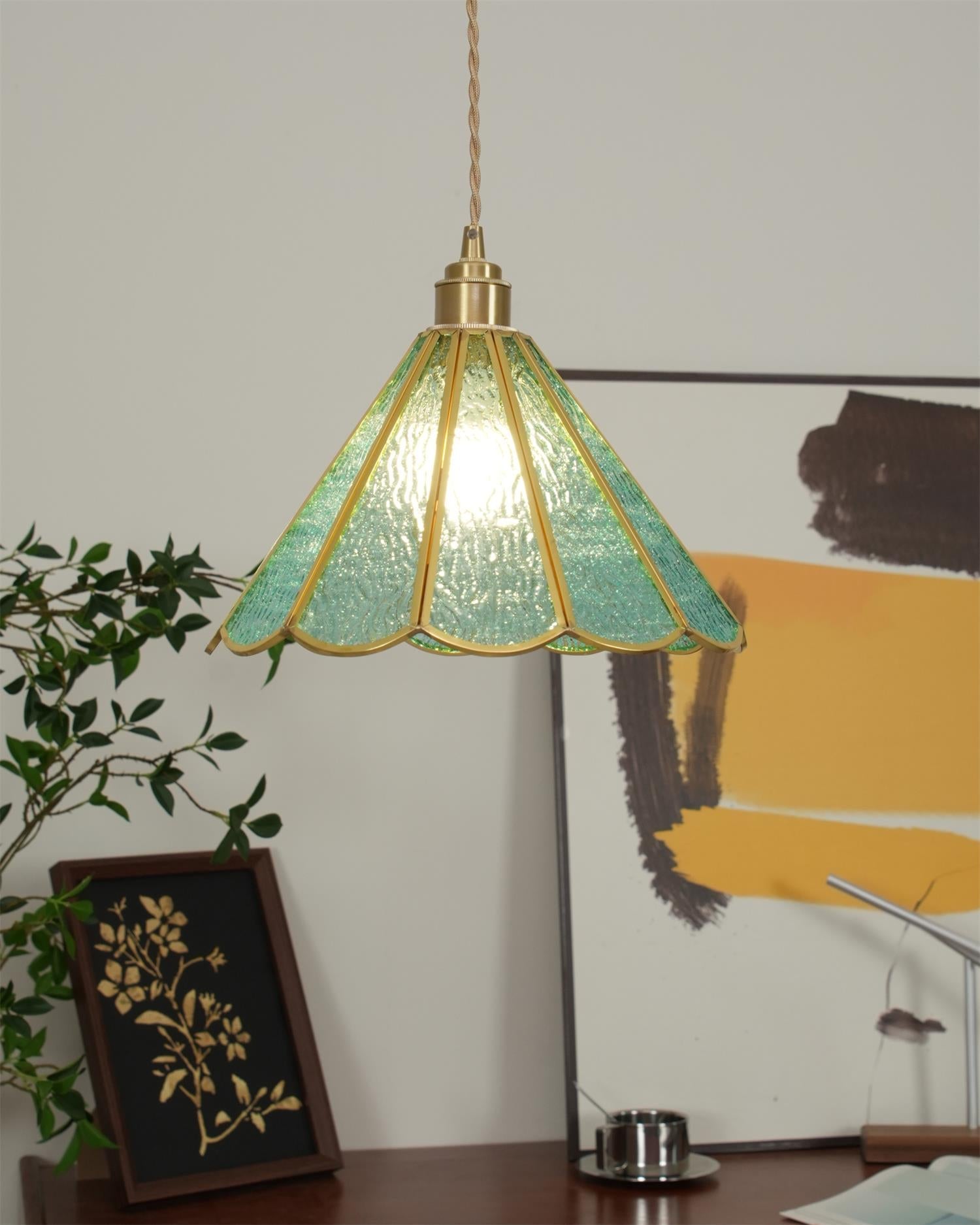 Pendant Lamp Textured Blue Glass Scalloped Brass - Letslighting