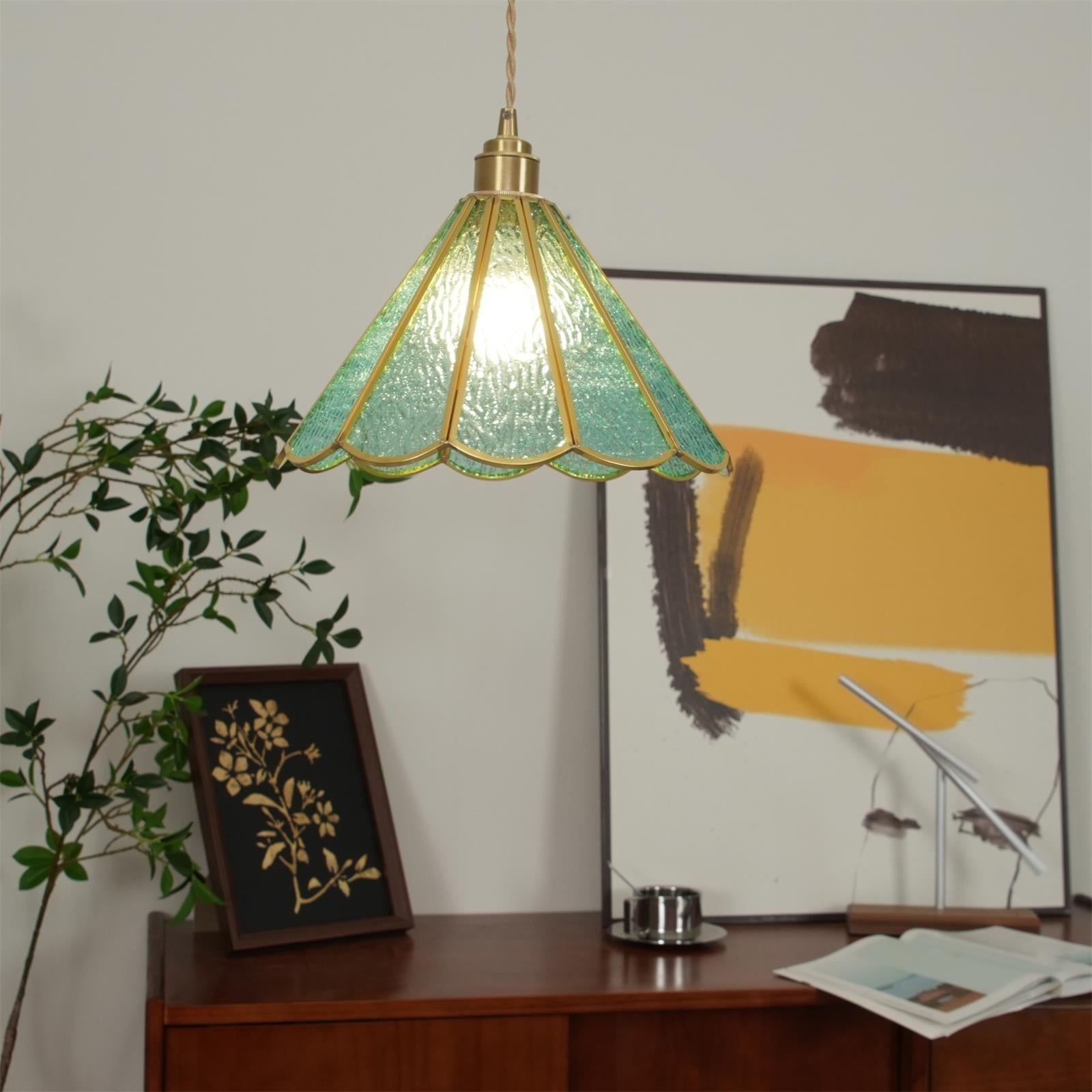 Pendant Lamp Textured Blue Glass Scalloped Brass - Letslighting