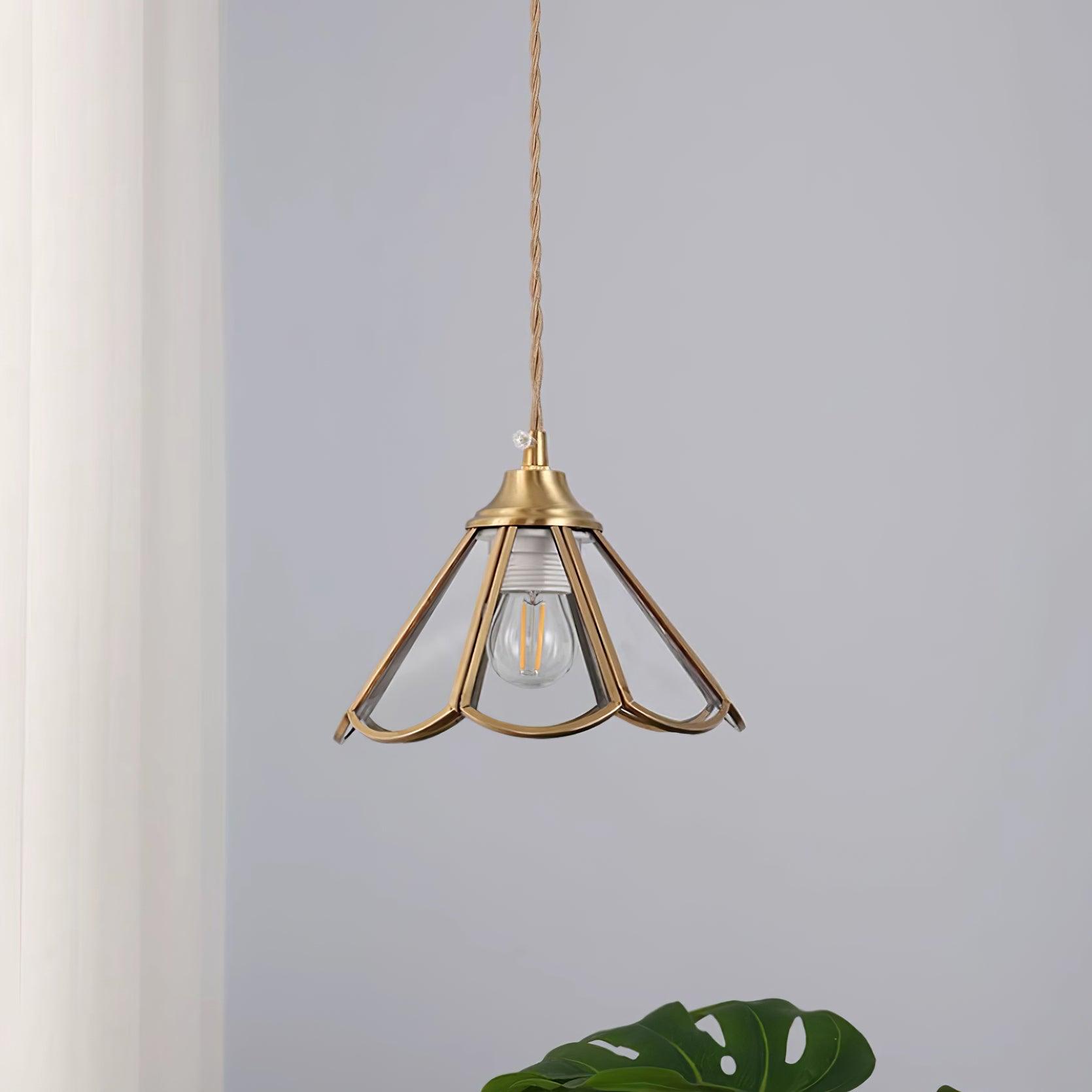 Pendant Lamp Textured Blue Glass Scalloped Brass - Letslighting