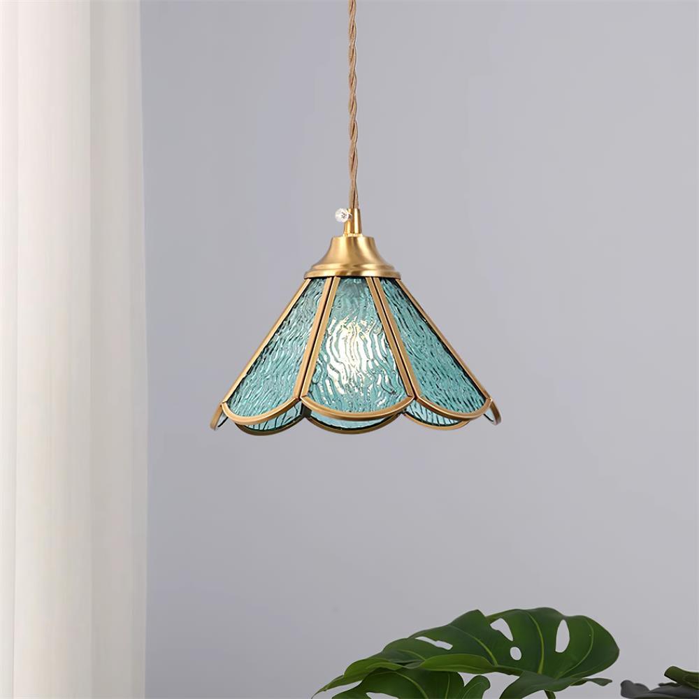 Pendant Lamp Textured Blue Glass Scalloped Brass - Letslighting