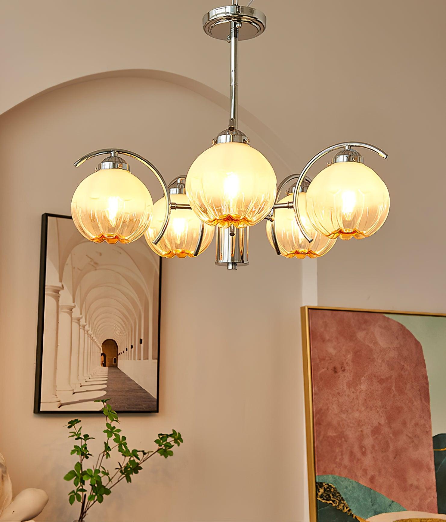 Chandelier Chrome Curved Arms with Frosted Globe Shades - Blowlighting
