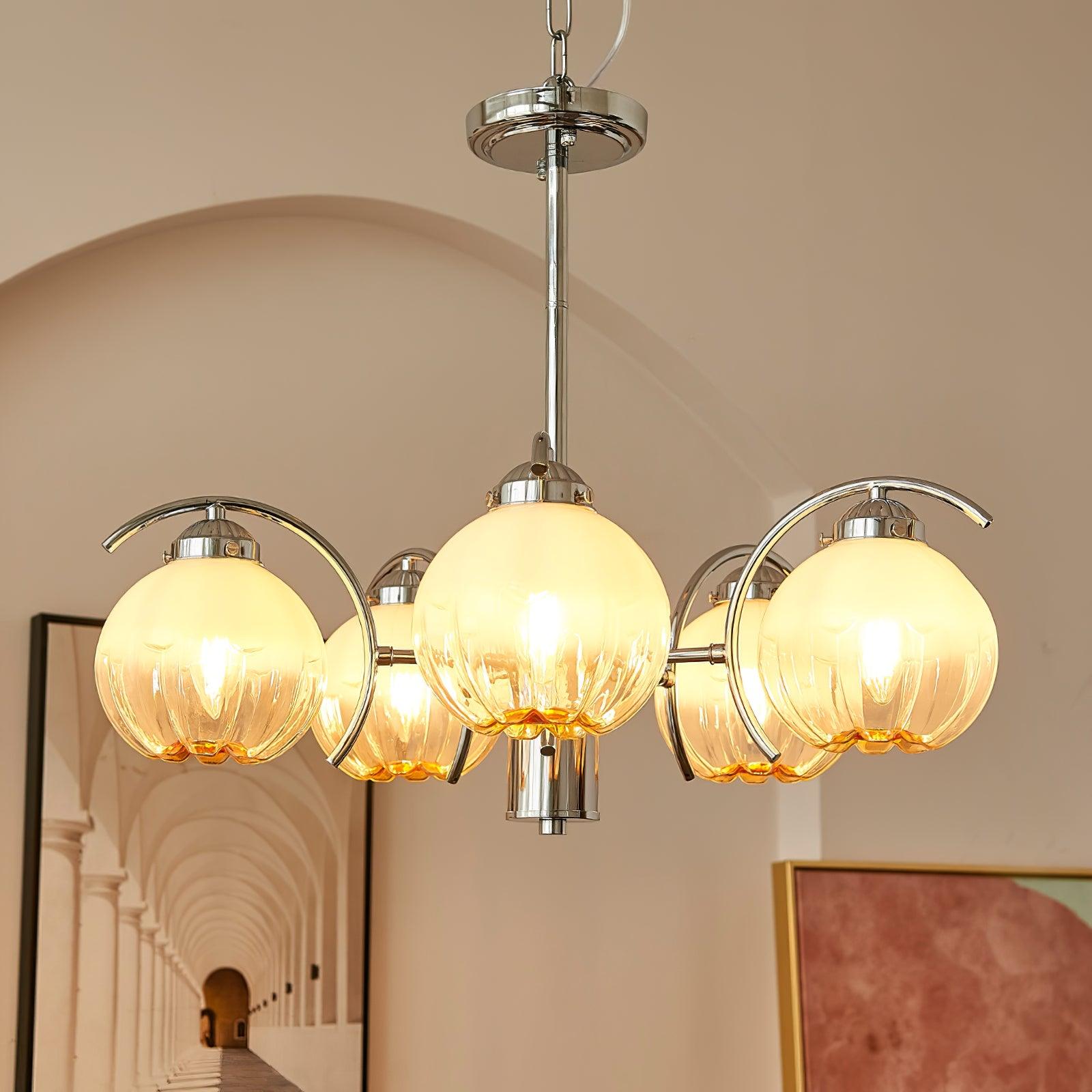 Chandelier Chrome Curved Arms with Frosted Globe Shades - Blowlighting