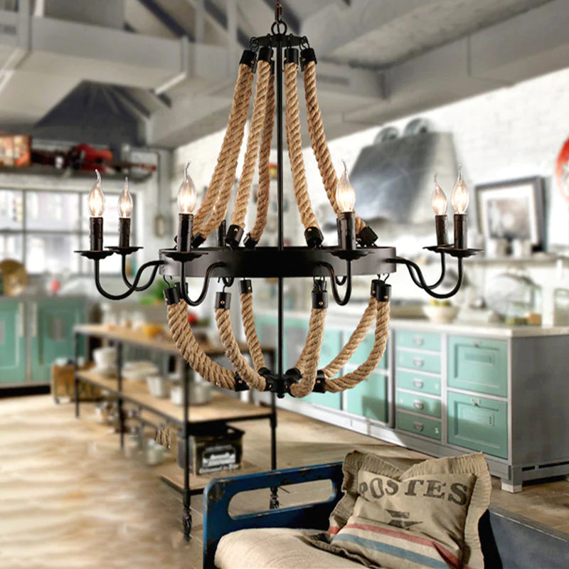Epoch Industriale Metallo/Corda LED Sospensione Legno Soggiorno/Bar/Ristorante
