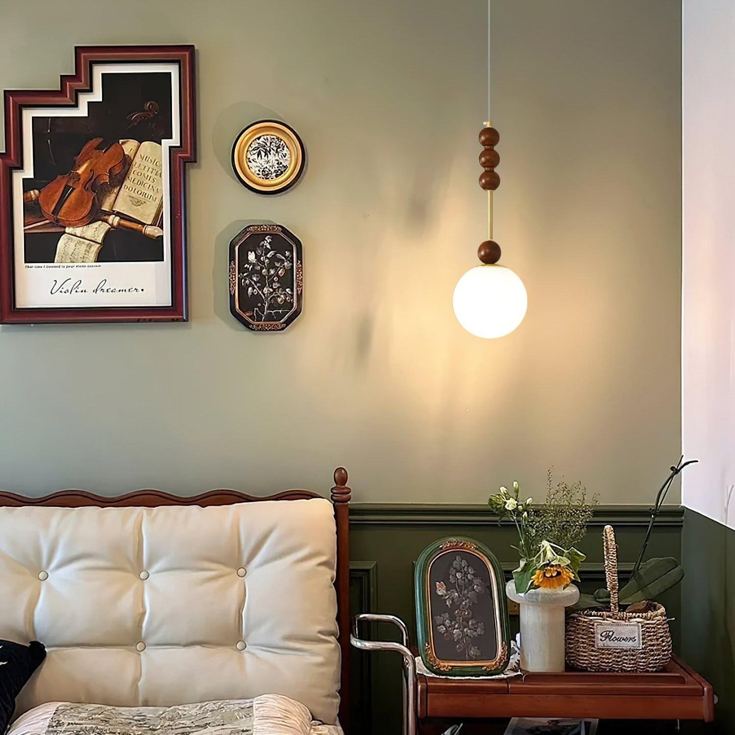 Aria Lampada a Sospensione Globo Vintage con Perle di Legno