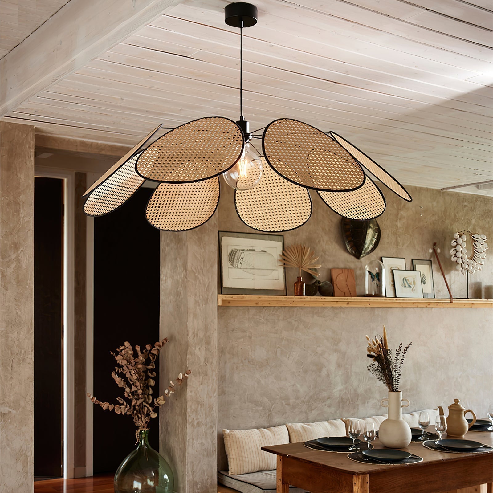Chandelier with Rattan Petals and Metal Frame Ambient Bohemian - Letslighting