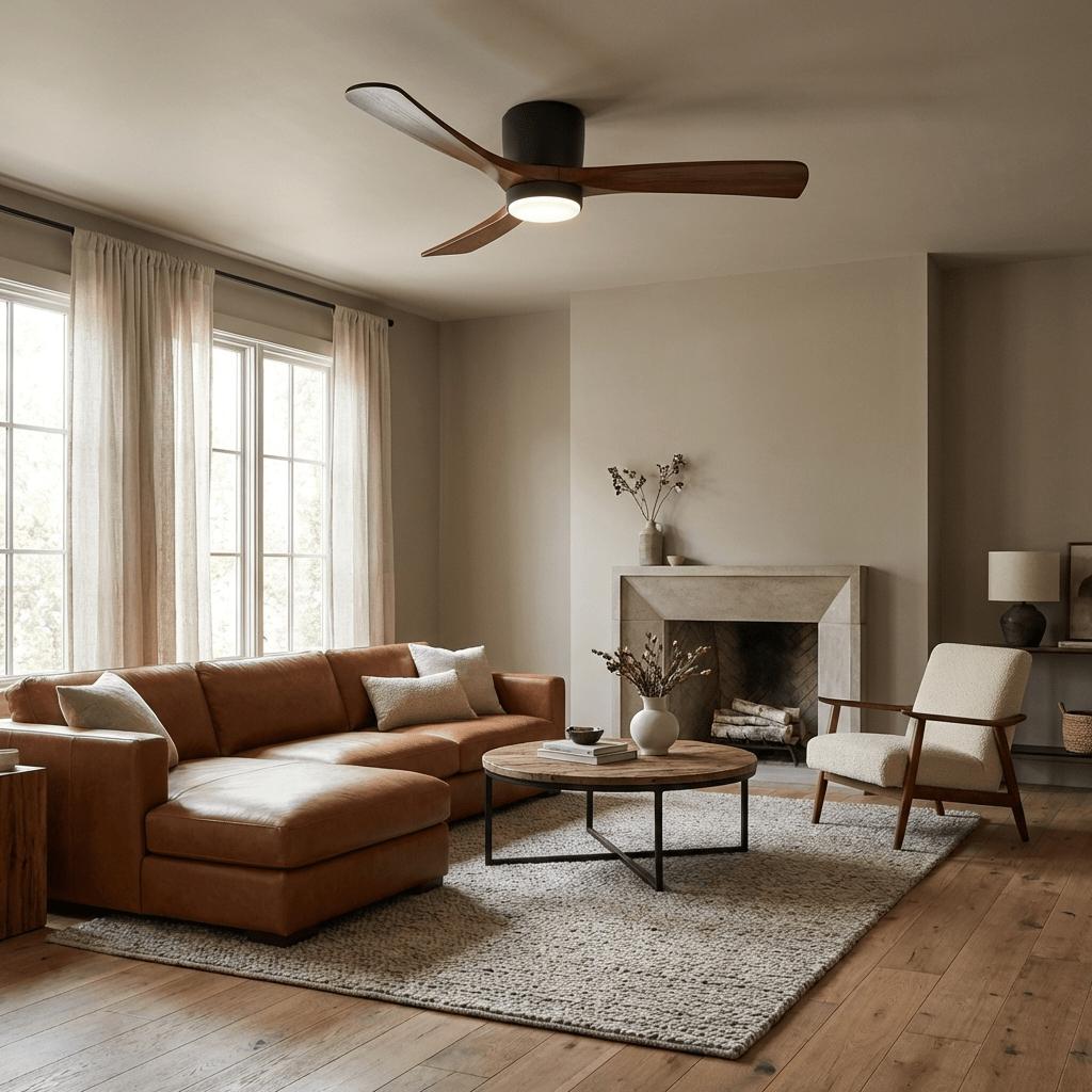 Schema che mostra le dimensioni del ventilatore da soffitto Nordico Ezra con luce