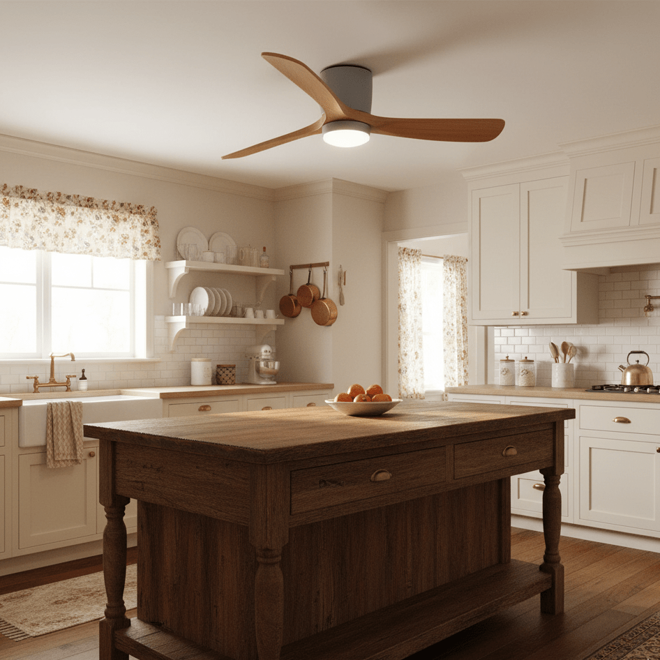 Dettaglio delle pale in legno di sicomoro sul ventilatore da soffitto Nordico Ezra