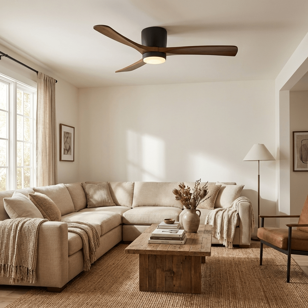 Dettaglio delle pale in legno di sicomoro sul ventilatore da soffitto Nordico Ezra
