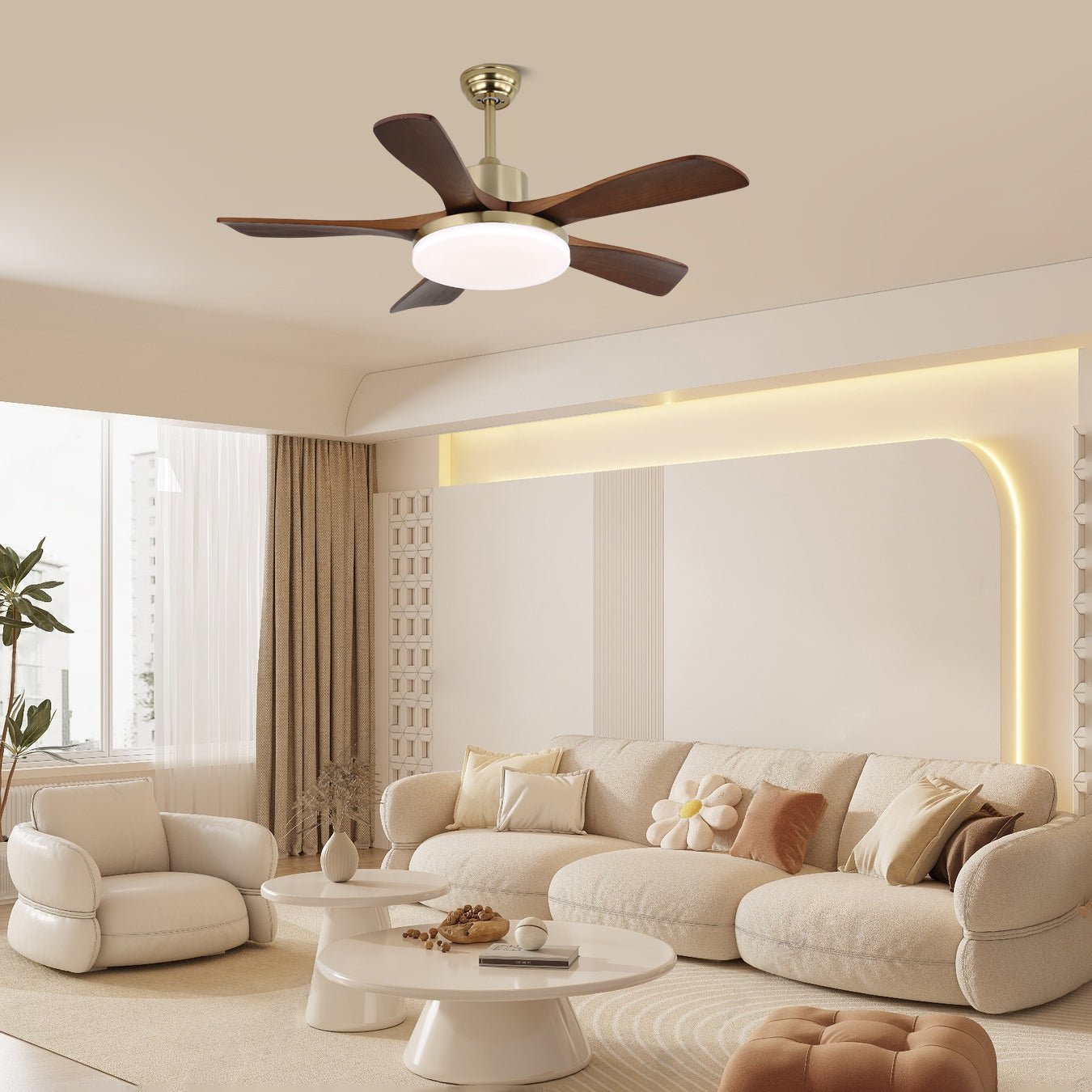Ventilatore da soffitto Aurelia con luce in finitura legno di noce