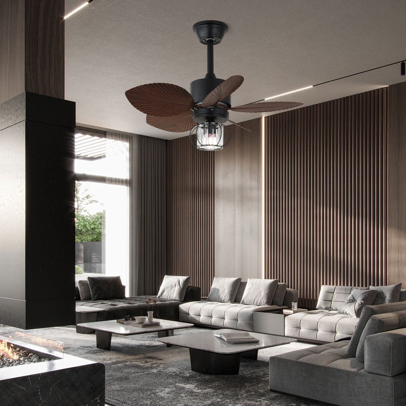 Ventilatore da soffitto industriale Caden con luce, che mostra la struttura in metallo e il paralume in acrilico