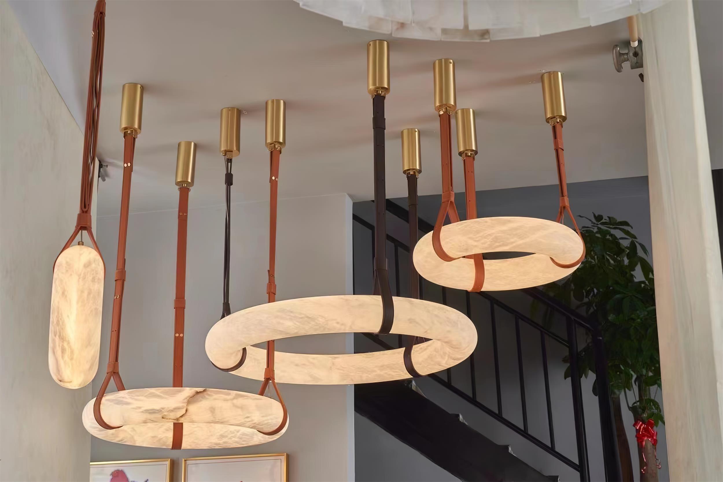 Étoile Pendant Light Chandelier Alabaster Ring Triple Leather - Letslighting