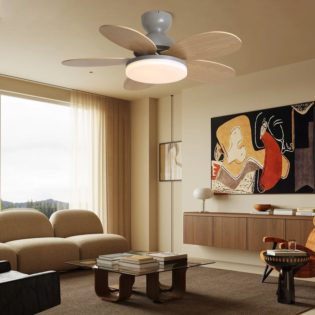 Ventilatore da soffitto con luce Liora con finitura del paralume bianca