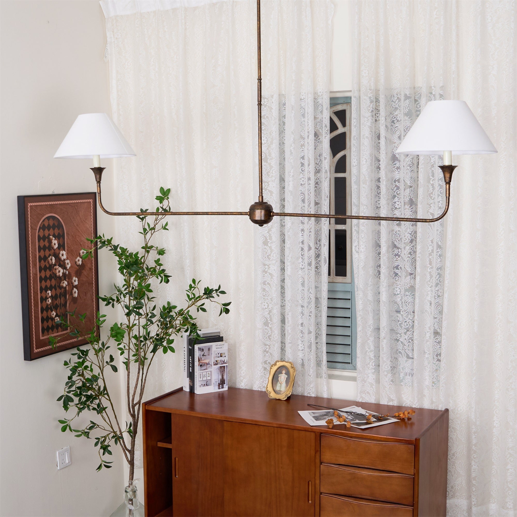 Aera Modern Minimalist Linear Antique Brass Fabric Chandelier - Lamp Copper