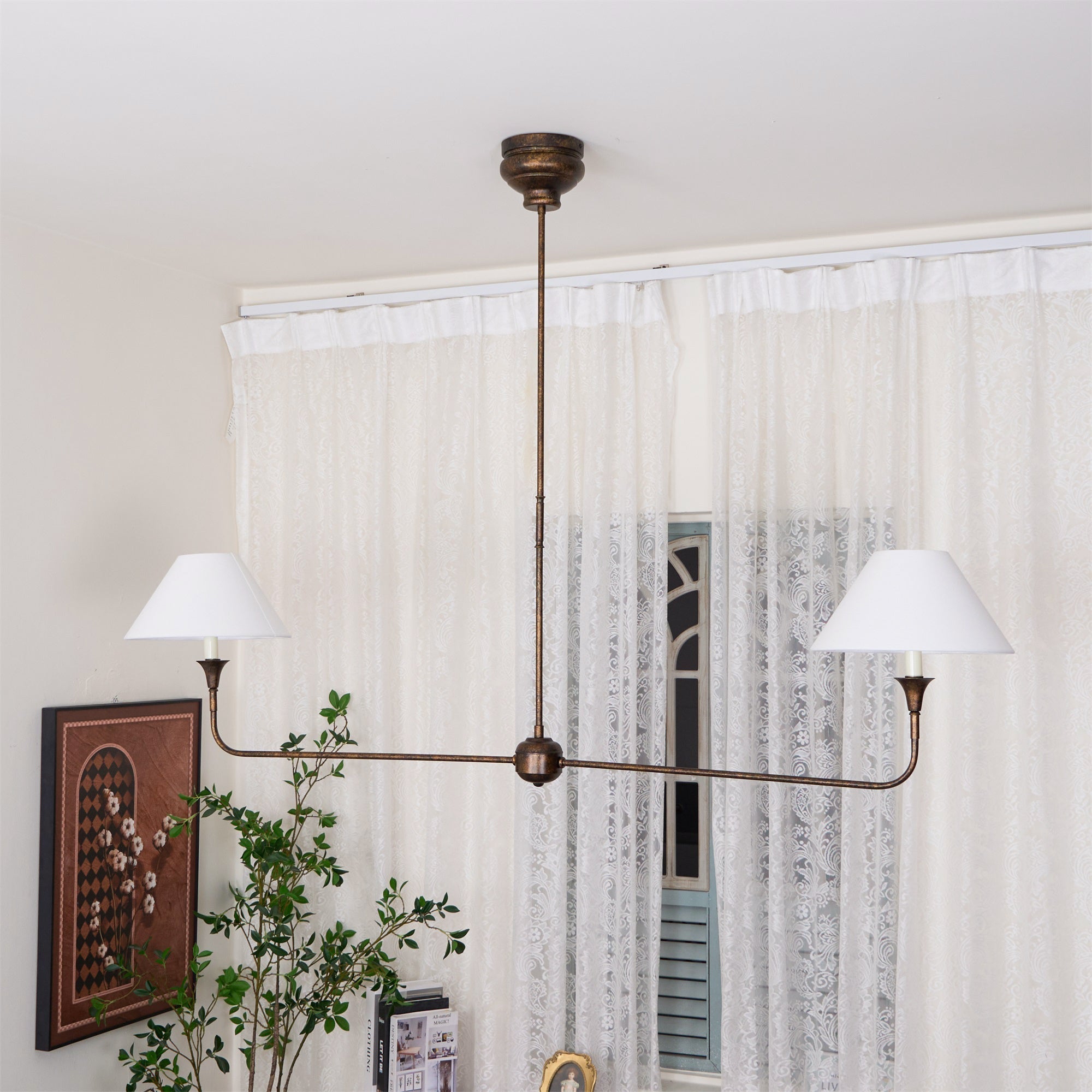 Aera Modern Minimalist Linear Antique Brass Fabric Chandelier - Lamp Copper