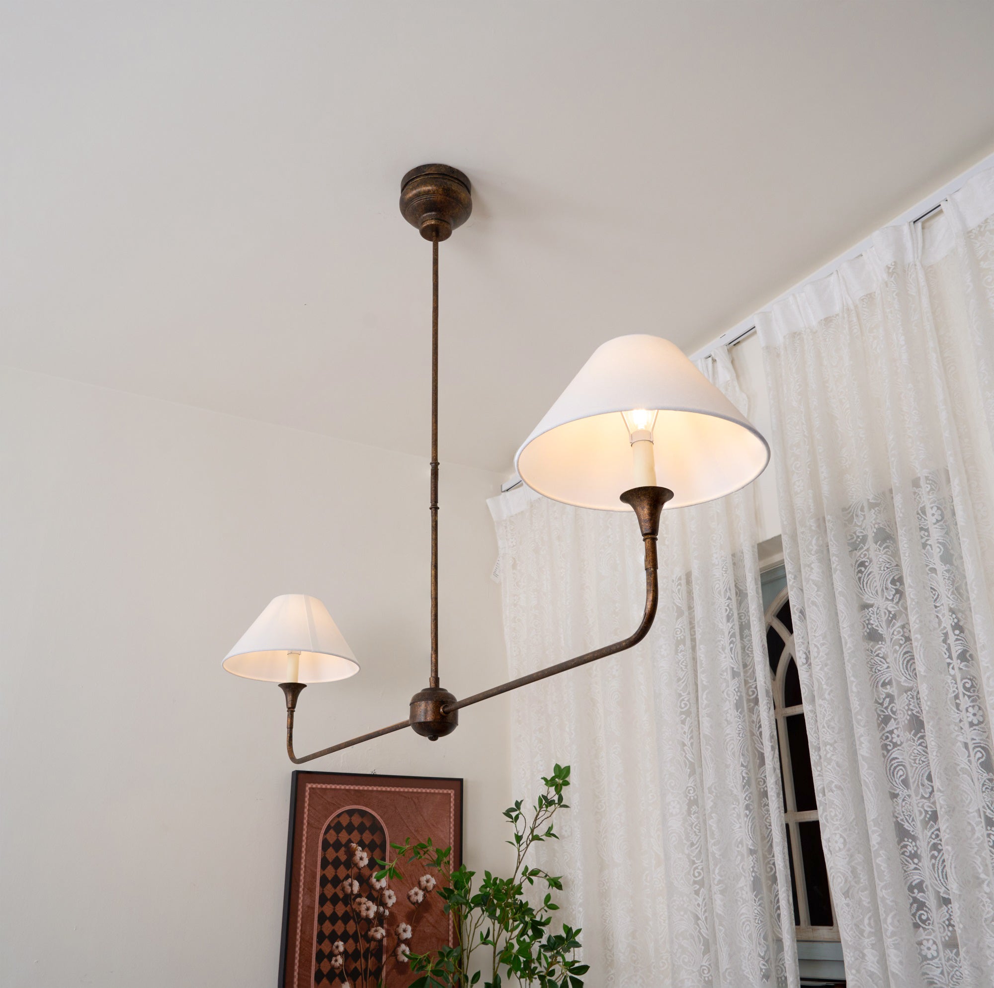 Aera Modern Minimalist Linear Antique Brass Fabric Chandelier - Lamp Copper