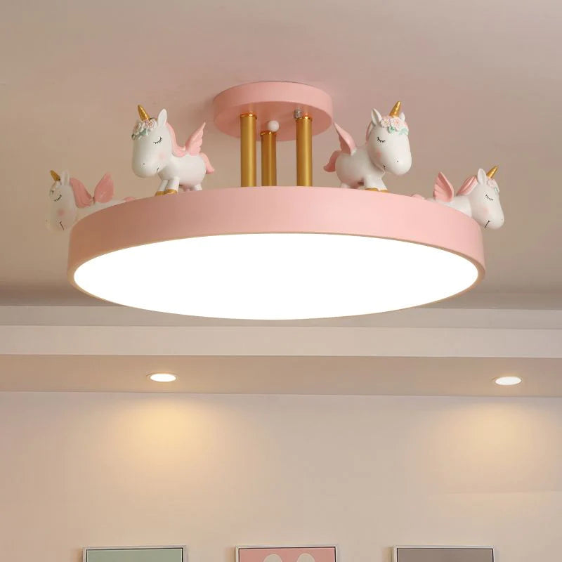 Arisha Moderno Tondo Unicorno Semi Plafoniere Acrilico/Legno Bianco/Rosa/Blu Sala Studio